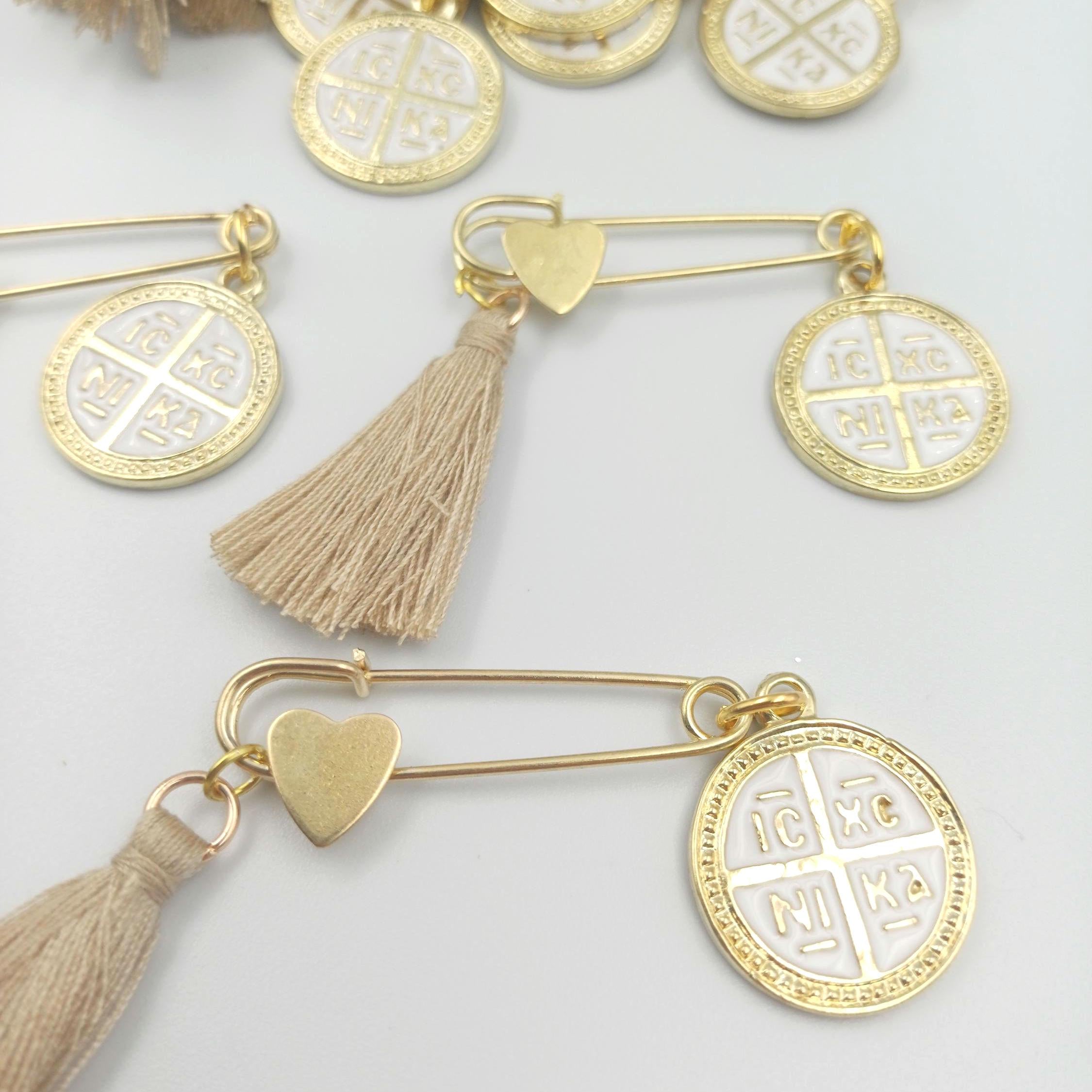 10 pcs,Safety pins Baptism Martyrika girl or boy, Greek Orthodox baptism favor ICXCNIKA Christening Martirika cross favors,Witness pins
