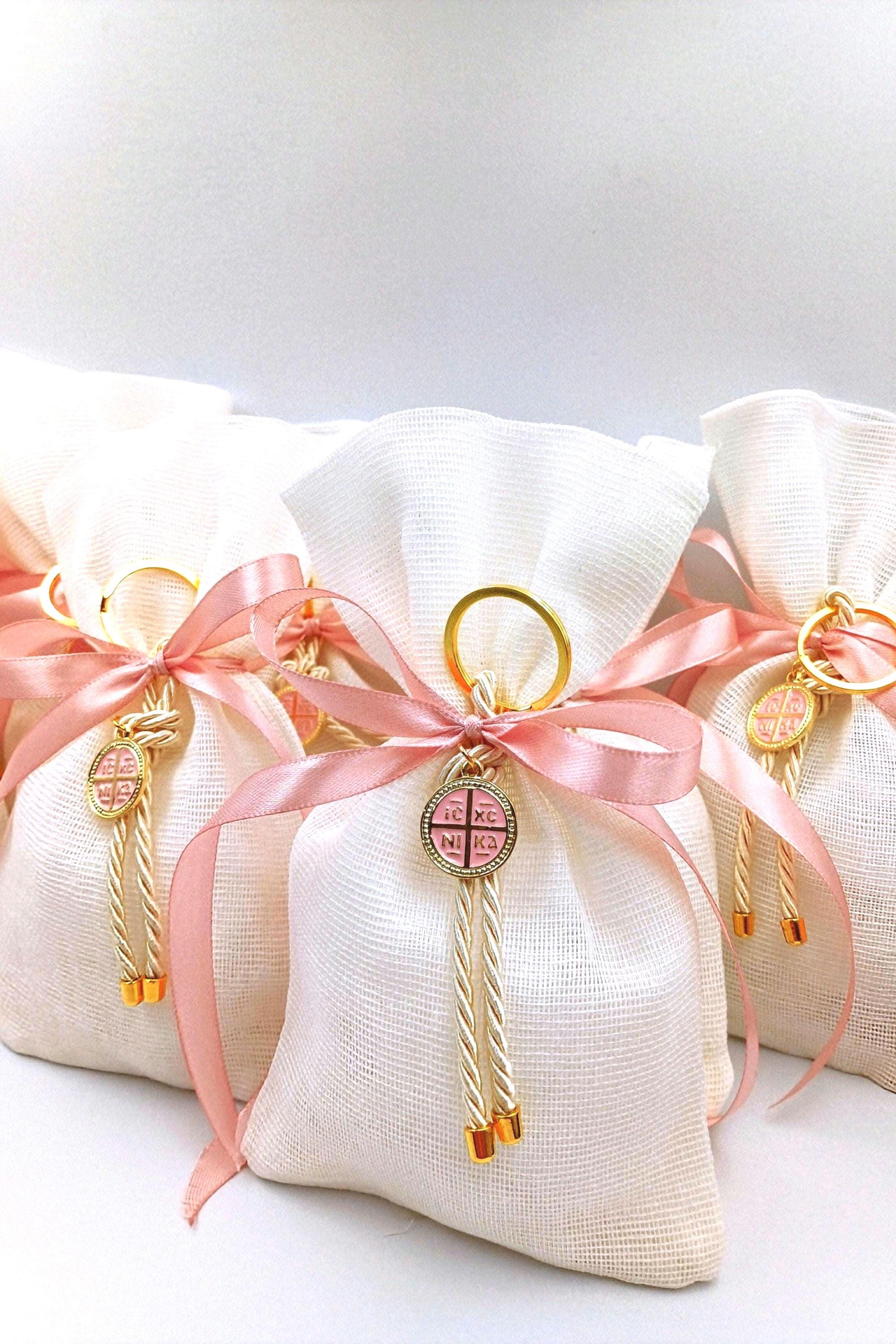 10 pcs, Greek baptism boubounieres, Constantinato Martyrika, Girl baptism, Koufeta ,Orthodox pink Mpomponieres,Koufeta Almond candy pouches.