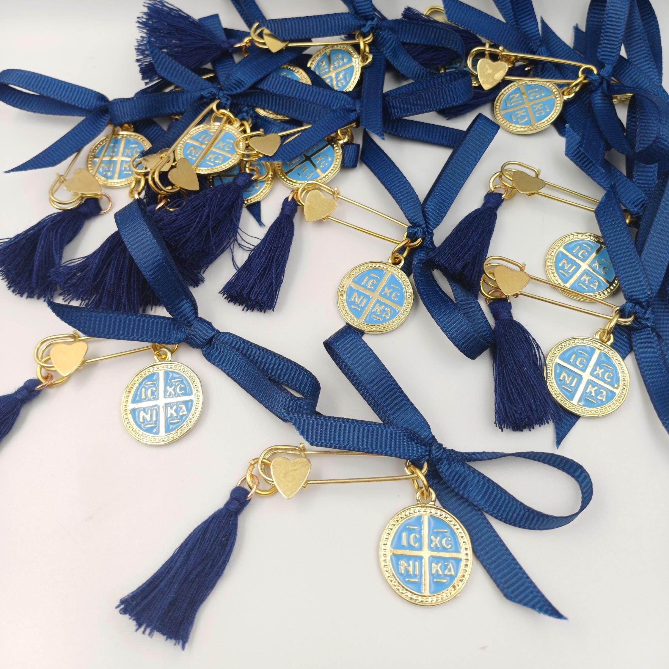 10 pcs, Cross Martyrika pins-Witness pins-safety pins-Greek Orthodox baptism favor boy- Konstantinato pin-martirika blue-Orthofox  favors