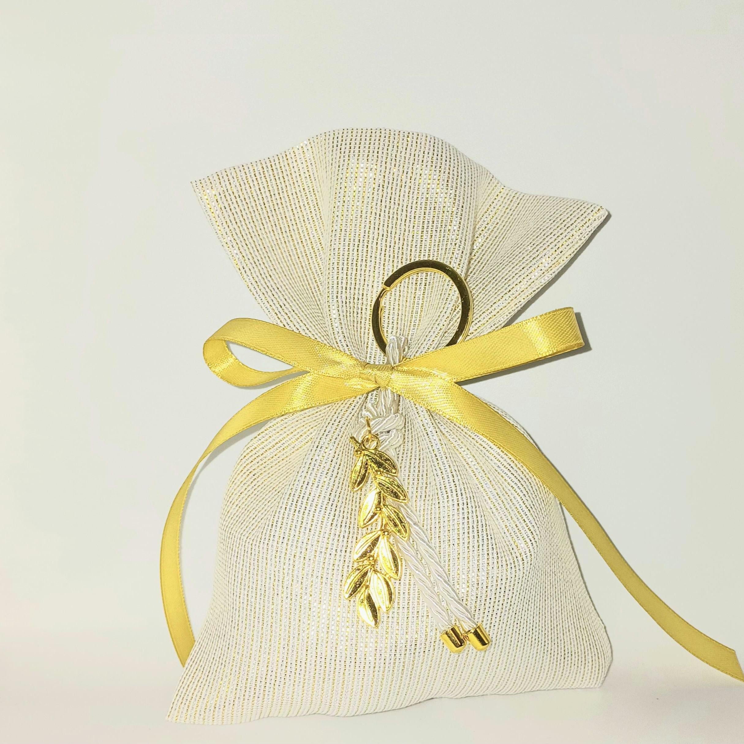 Gold ivory Wedding Favors  Olive key chain greek Bombonieres Orthodox baptism Unique Shimmering Wedding Favor jordan almond candy bag 10 pcs