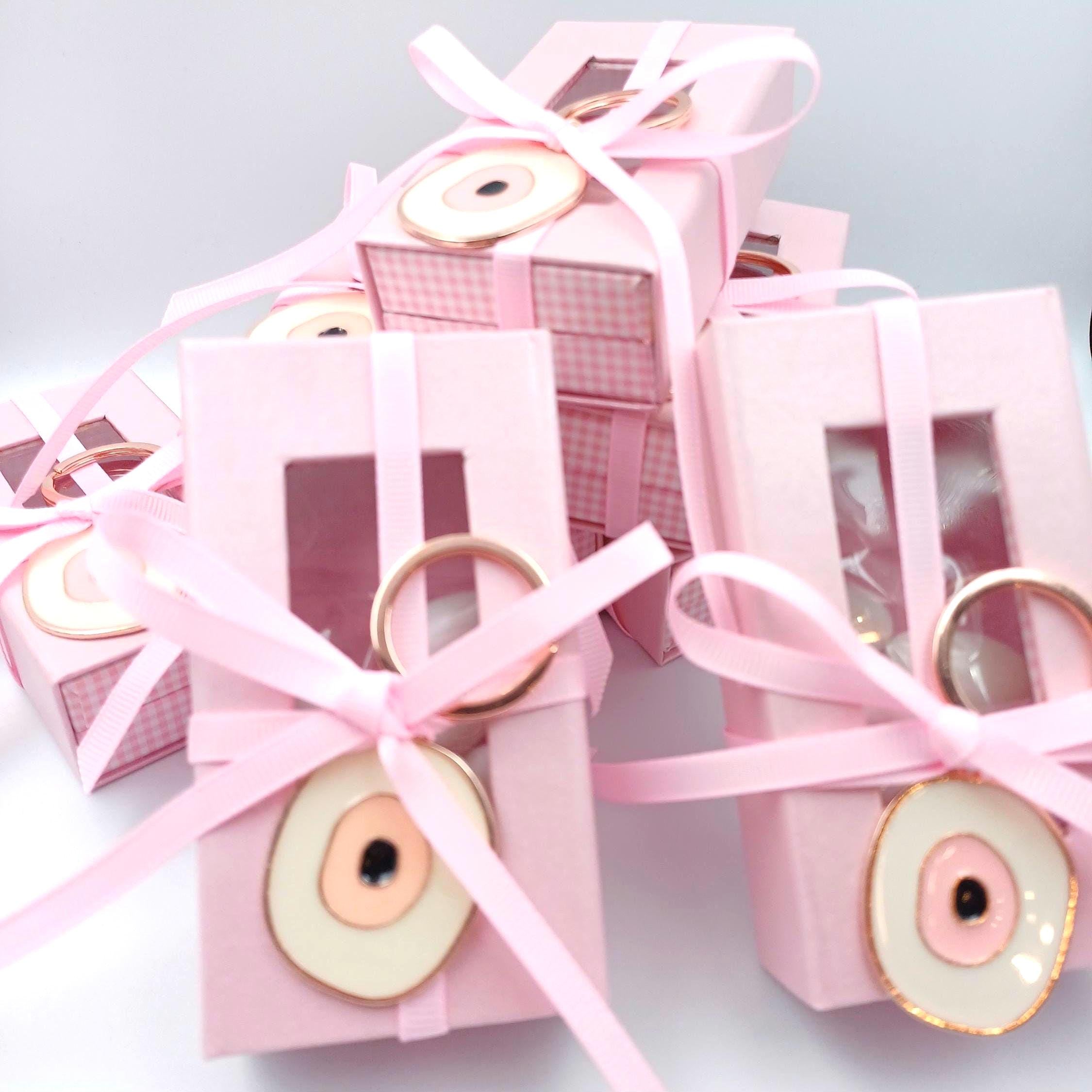 10 pcs, Greek baptism favors, Orthodox baptism ,Pink box favors, , evil Eye Keychain, Mpomponiera for girl, Bobonieres, Koufeta box baptism