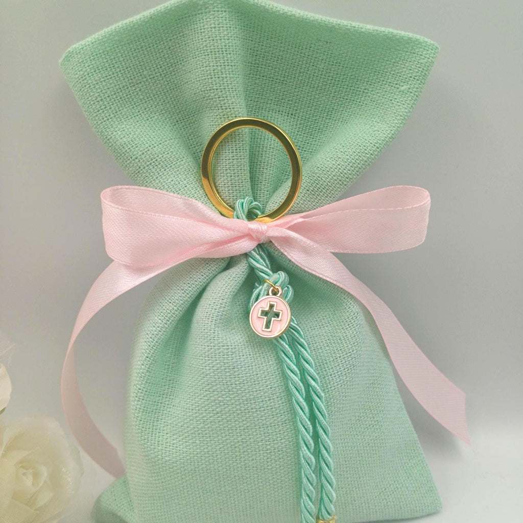 Baptism favors , Greek Orthodox baptism bomboniera almond candy mint green linen bags, Communion italian favors, cross keychain favor 10pcs.