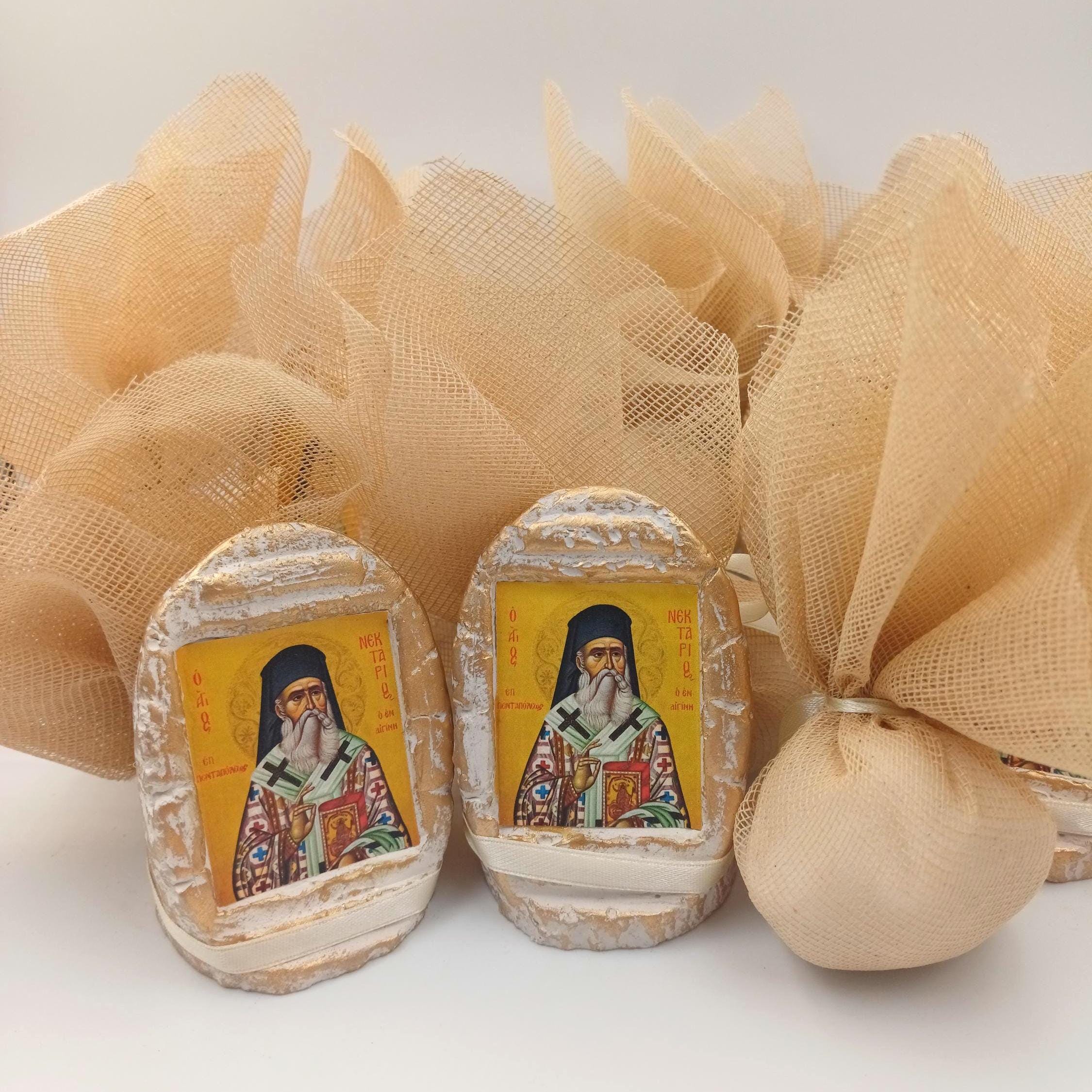 40 pcs, Greek Orthodox  baptism wedding boboniera, Tulle Mpomponiera, Christening ceramic icon favor  Panagia Boubouniera, Koufeta