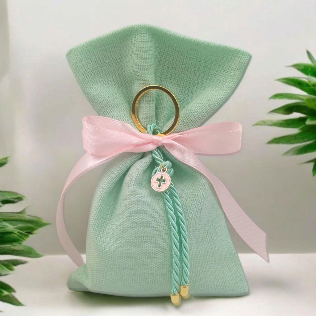 Baptism favors , Greek Orthodox baptism bomboniera almond candy mint green linen bags, Communion italian favors, cross keychain favor 10pcs.