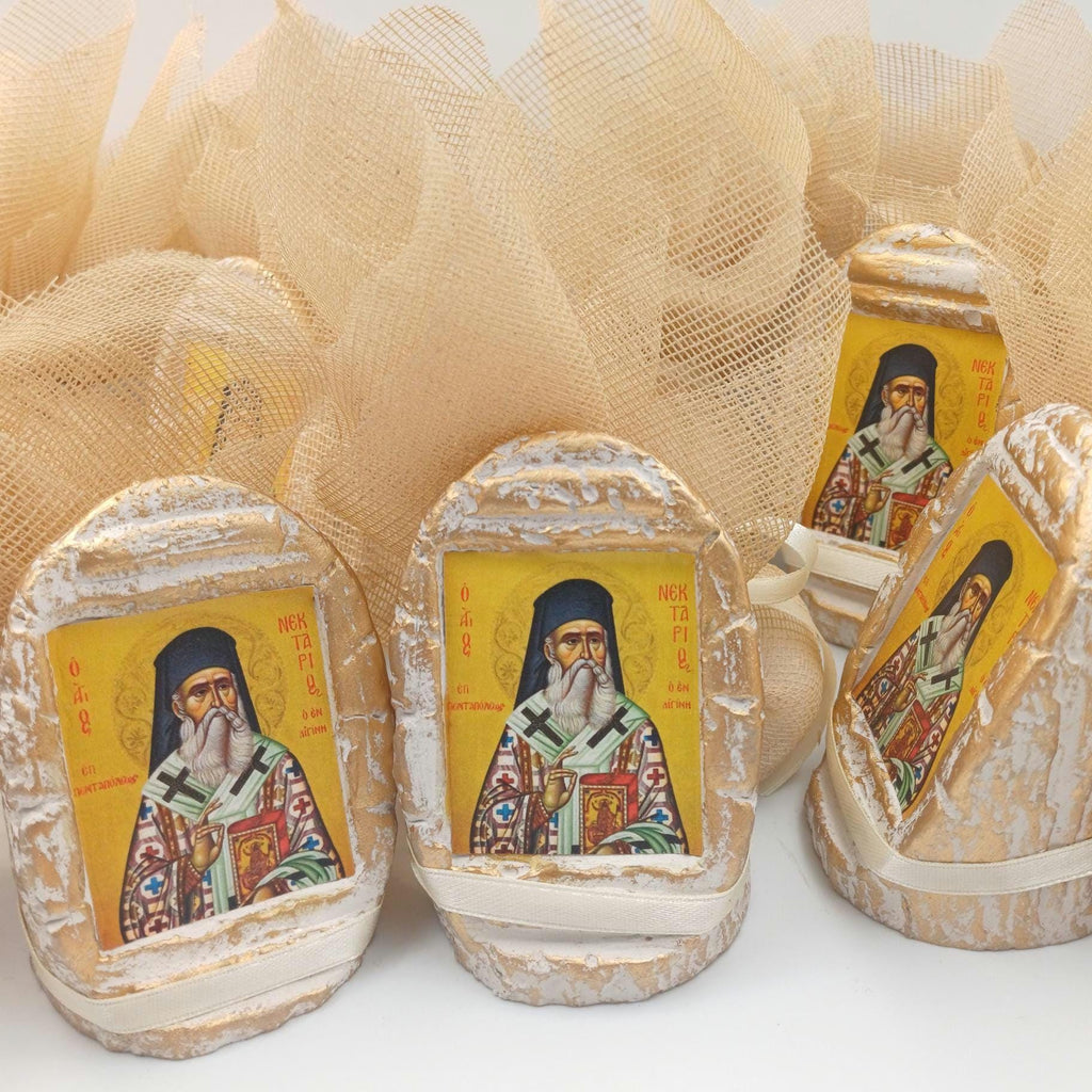 40 pcs, Greek Orthodox  baptism wedding boboniera, Tulle Mpomponiera, Christening ceramic icon favor  Panagia Boubouniera, Koufeta