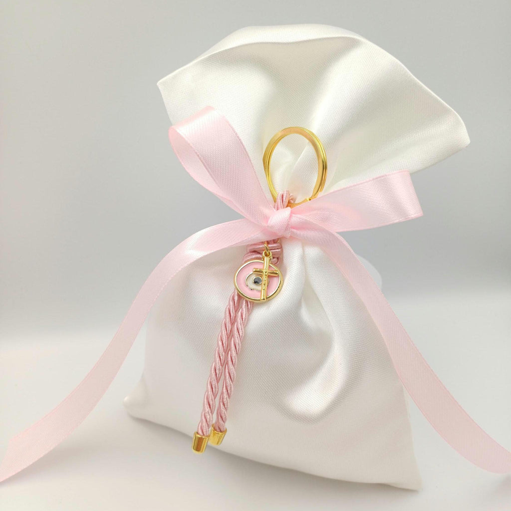 10 pcs, Greek baptism favor bombonieres, Orthodox baptism Evil eye and cross Keychain favors, Girl baptism,Koufeta, Almond candy satin bags.