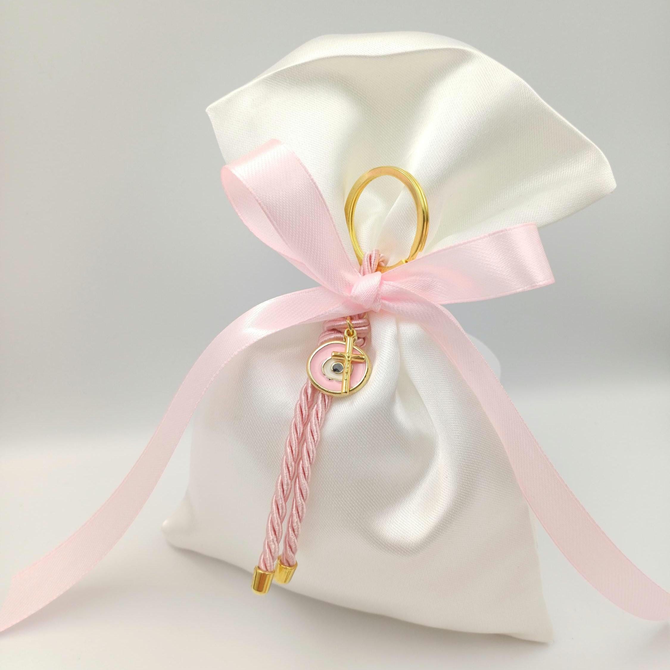 10 pcs, Greek baptism favor bombonieres, Orthodox baptism Evil eye and cross Keychain favors, Girl baptism,Koufeta, Almond candy satin bags.