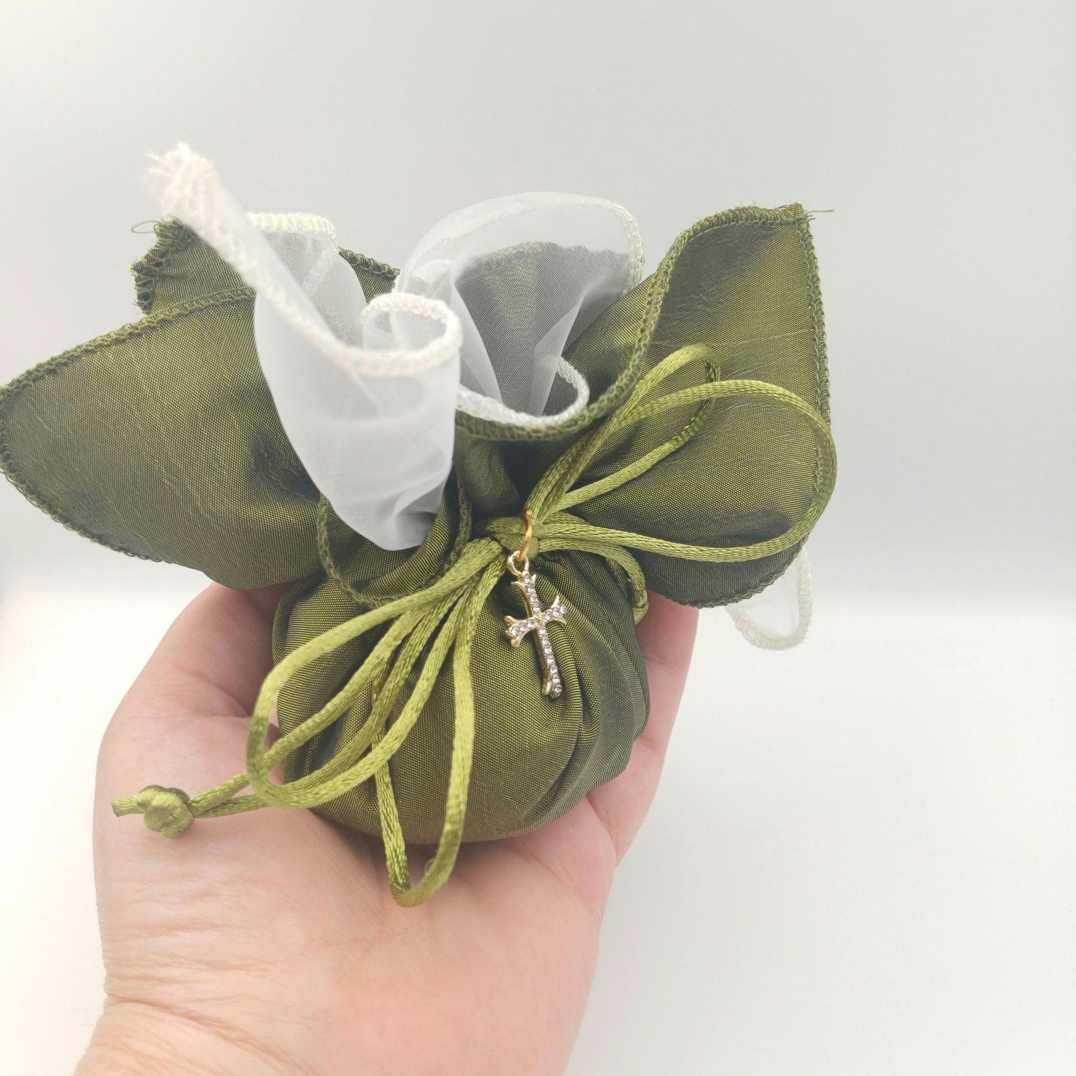 Baptism cross Favor olive green taffeta pouch, Greek Orthodox Wedding Bombonieres,bribal shower gift, traditional tulle koufeta bags, 10pcs.