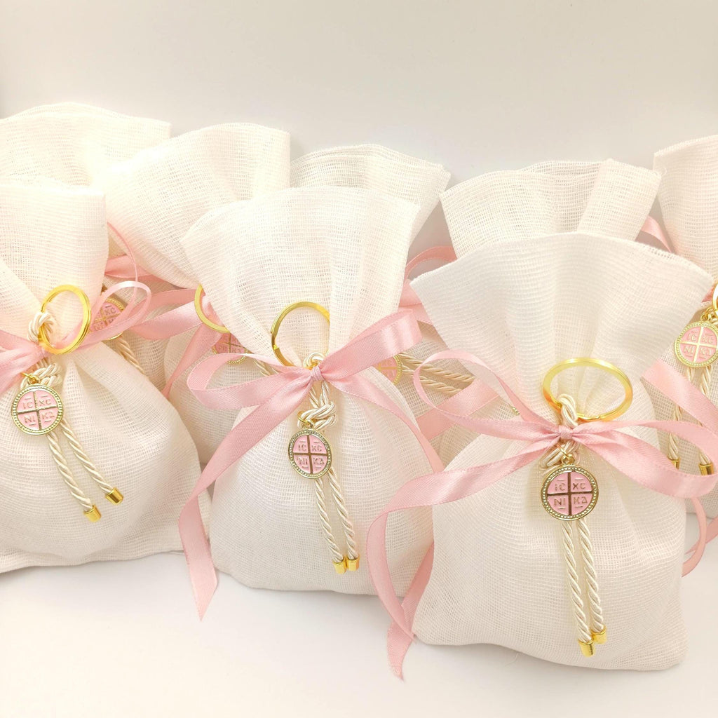 10 pcs, Greek baptism boubounieres, Constantinato Martyrika, Girl baptism, Koufeta ,Orthodox pink Mpomponieres,Koufeta Almond candy pouches.