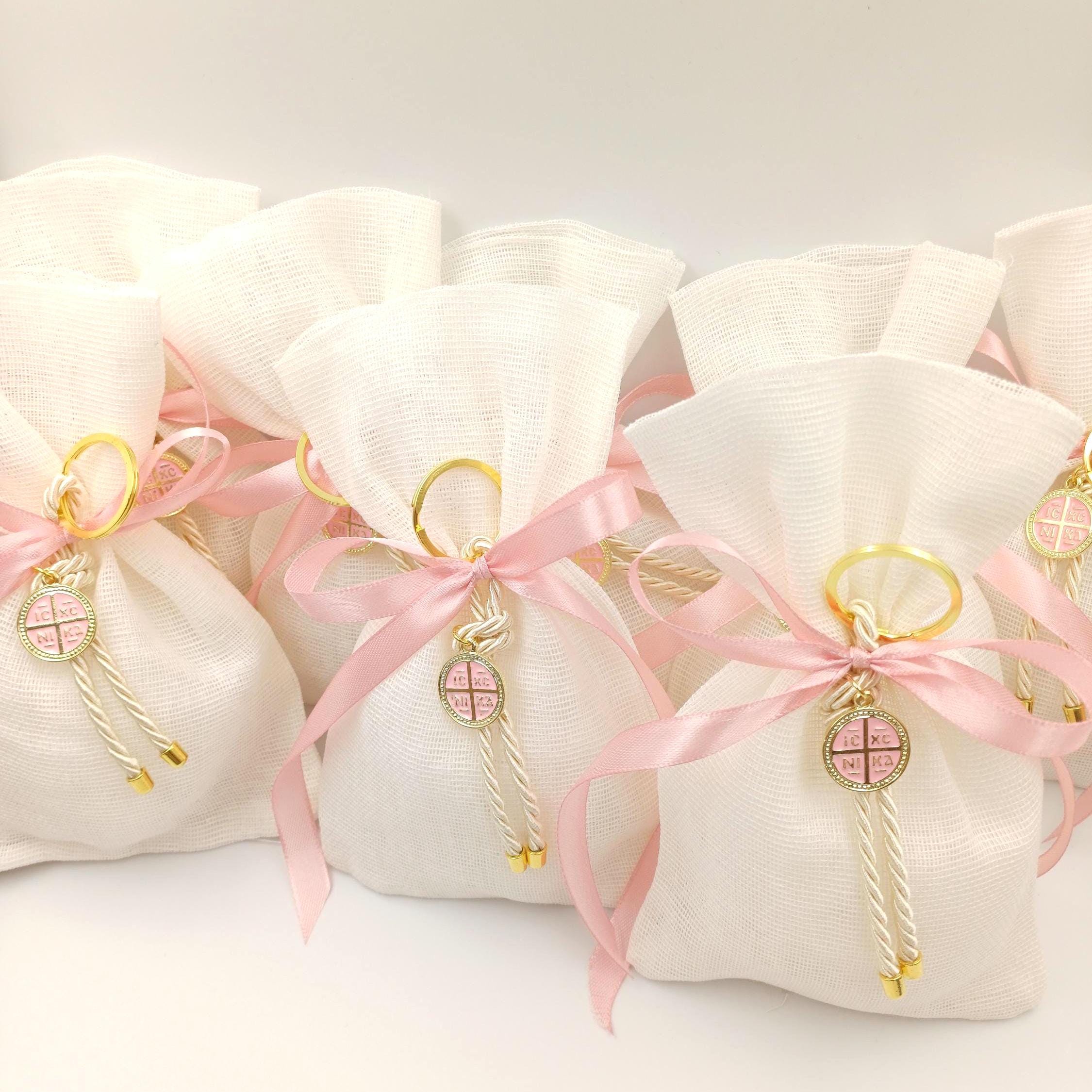 10 pcs, Greek baptism boubounieres, Constantinato Martyrika, Girl baptism, Koufeta ,Orthodox pink Mpomponieres,Koufeta Almond candy pouches.