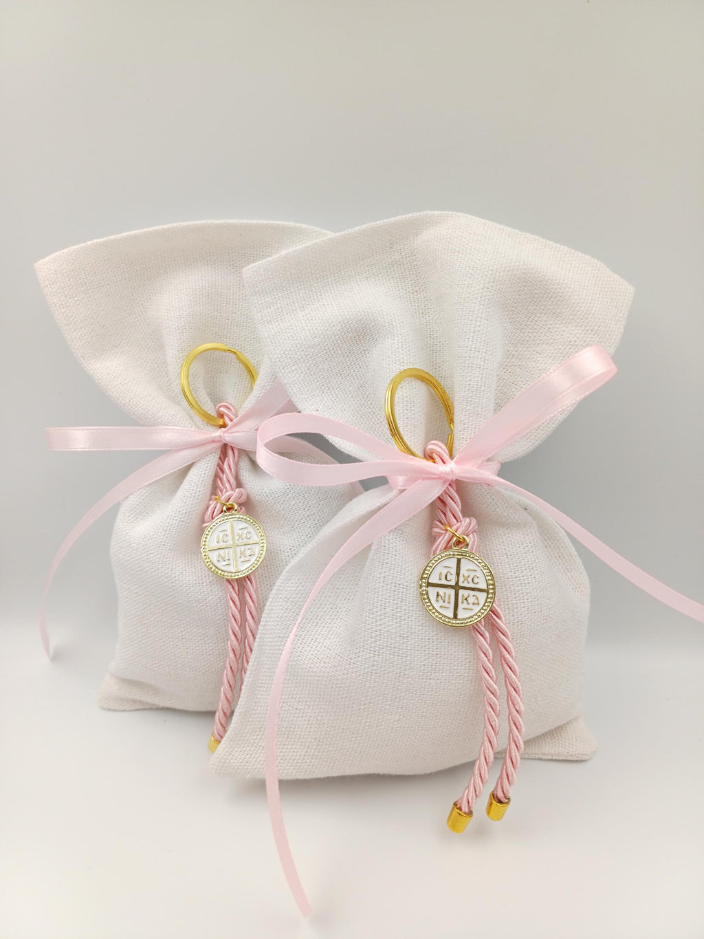 10 pcs, Orthodox baptism boubounieres, Martyrika cross keychain girl, Greek baptism favors , Koufeta ,Koufeta jordan Almond candy pouches.