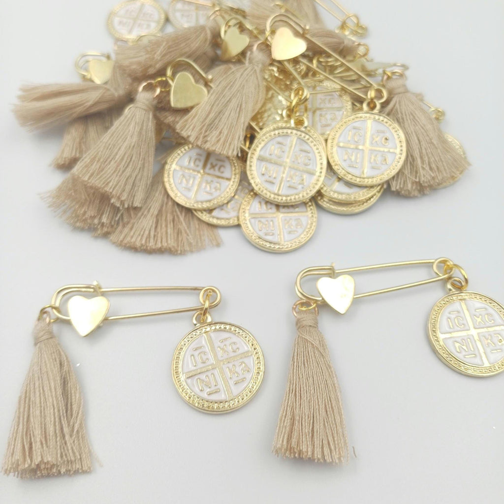 10 pcs,Safety pins Baptism Martyrika girl or boy, Greek Orthodox baptism favor ICXCNIKA Christening Martirika cross favors,Witness pins
