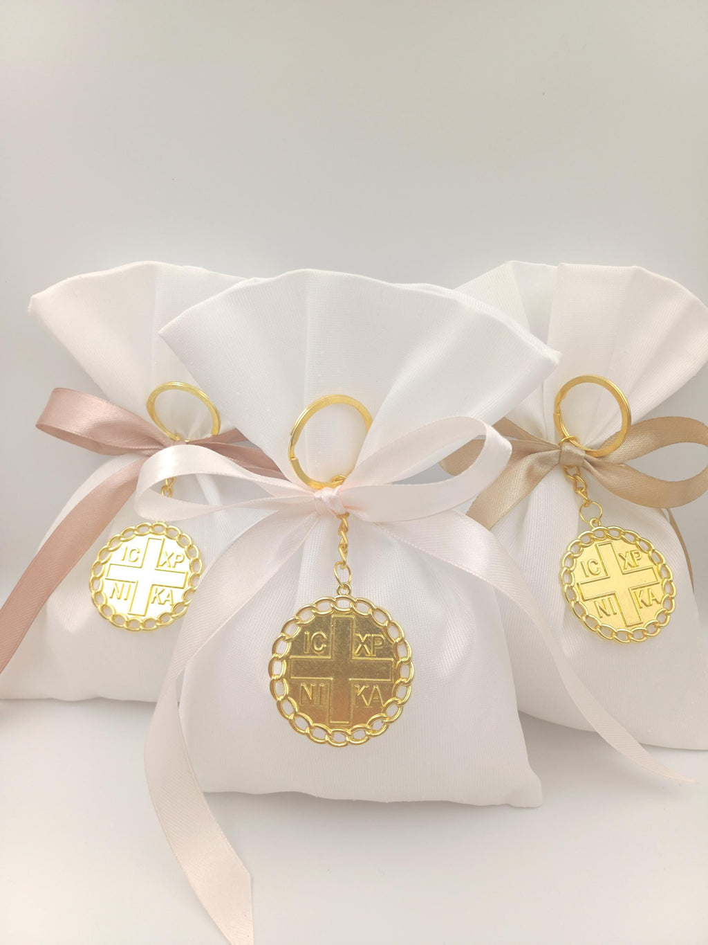10 pcs, Greek baptism bombonieres, Orthodox Favors - ICXCNIKA Keychain- Christening Gifts for guests -Wedding bags koufeta  jordan almond.