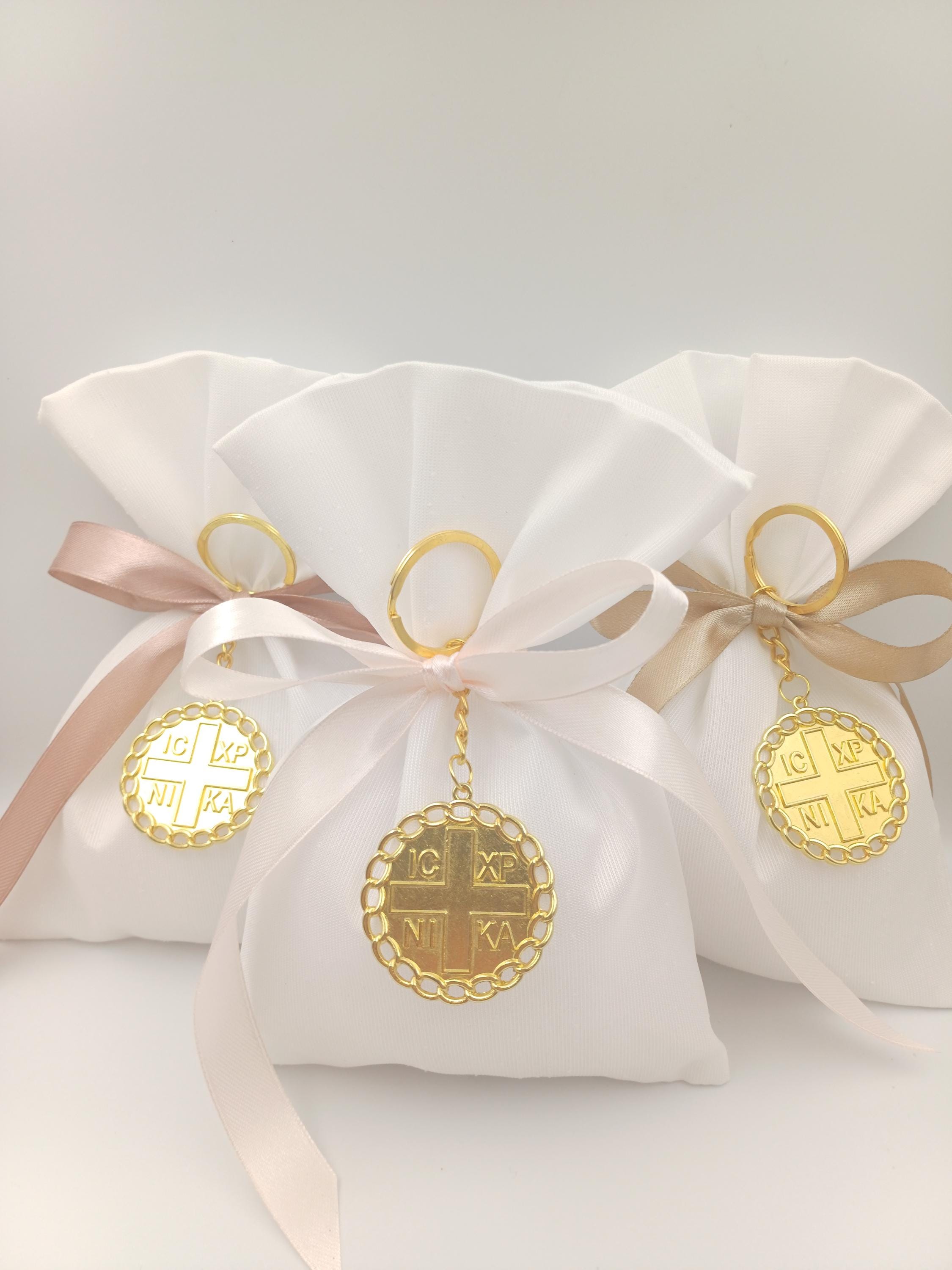 10 pcs, Greek baptism bombonieres, Orthodox Favors - ICXCNIKA Keychain- Christening Gifts for guests -Wedding bags koufeta  jordan almond.