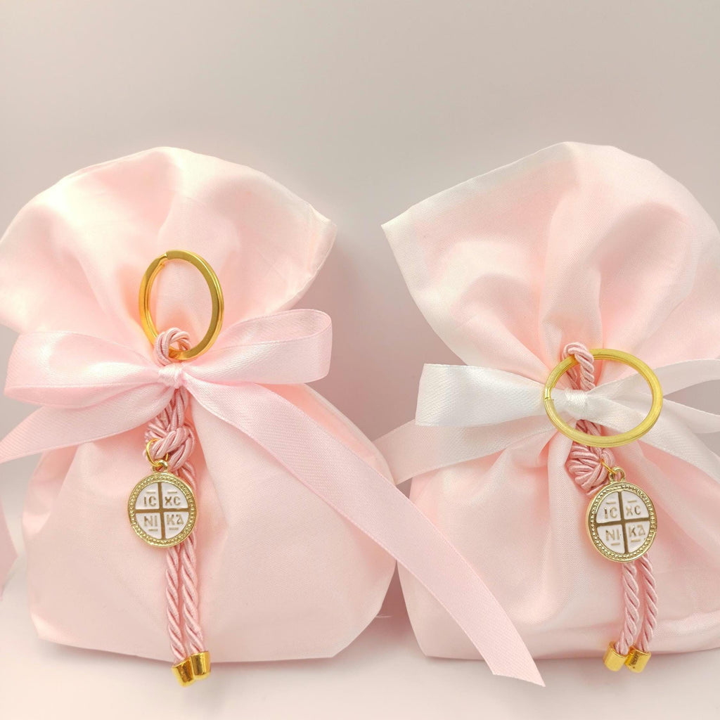 10 pcs, Greek Orthodox pink baptism boubounieres, Cross keychain Martyrika,Girl baptism, Koufeta, baptism favors,Koufeta Almond candy pouch.