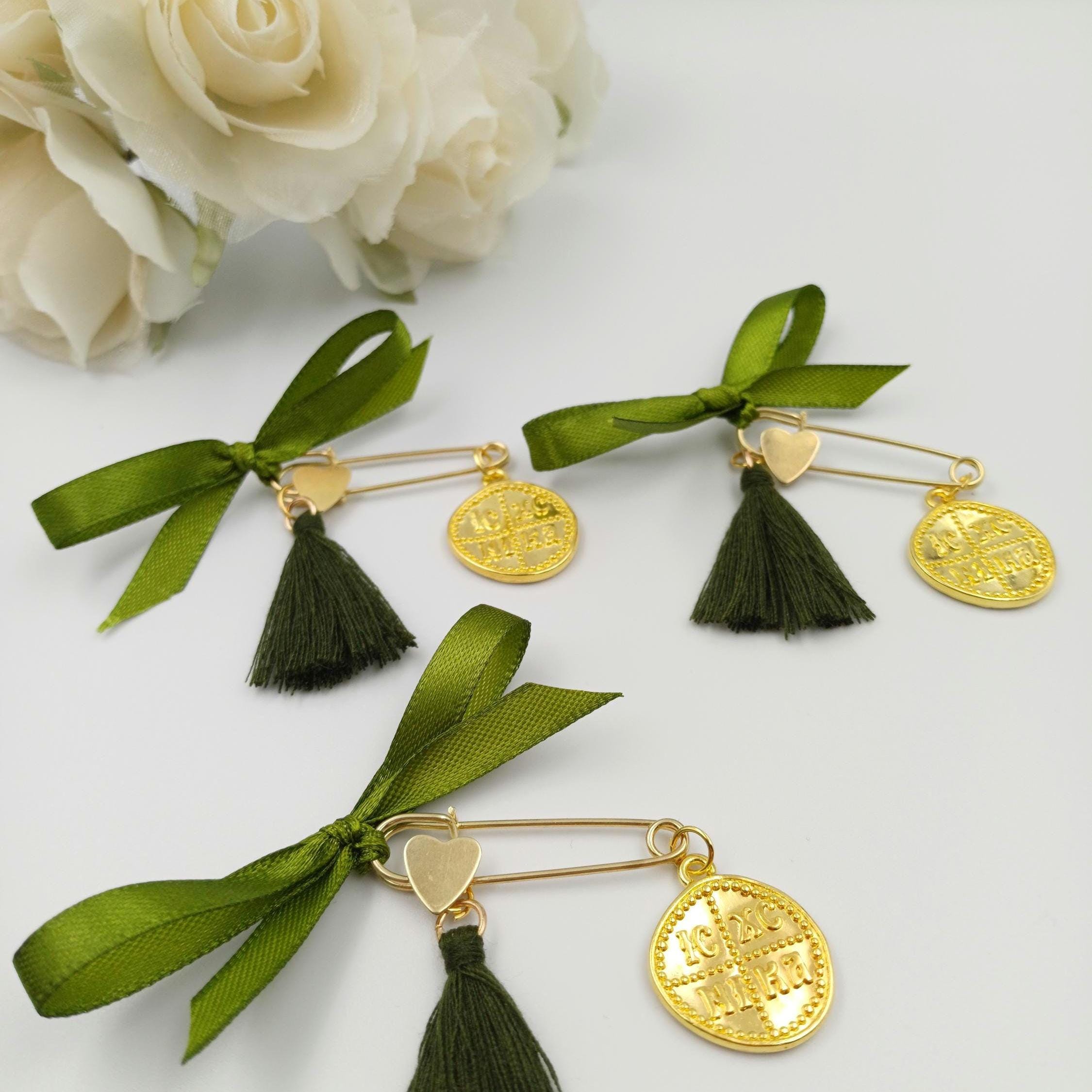 10 pcs,Cross favors baptism Safety pins Greek Baptism olive green favors Martirika Pins sage green Orthodox witness gifts boy- girl