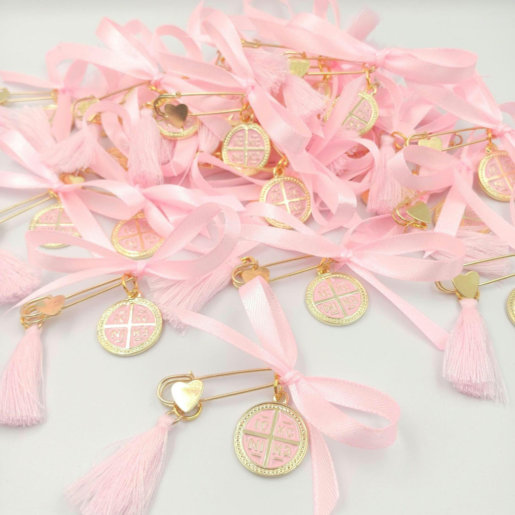 Greek Baptism Pins for girl,  Martyrika Witness Pins, Pink cross Baptism Favors, Greek Orthodox Baptism , First Communion Favors, 10 pcs.