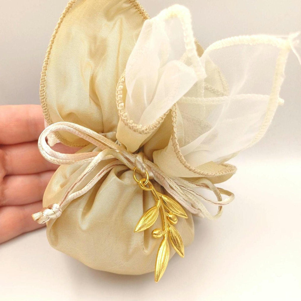 Wedding Favor koufeta Bag with Gold Olive Branch Charm – Greek Bomboniere for Baptism, Bridal Shower, Destination Wedding ,10 pcs.