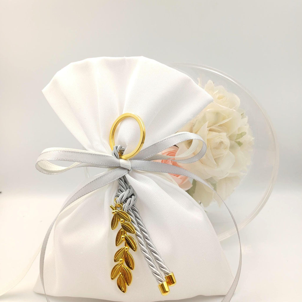 Greek Wedding Favors - Olive branch key chain Bombonieres White bags with grey keychain-Orthodox baptism - Unique Wedding Favor 10 pcs.