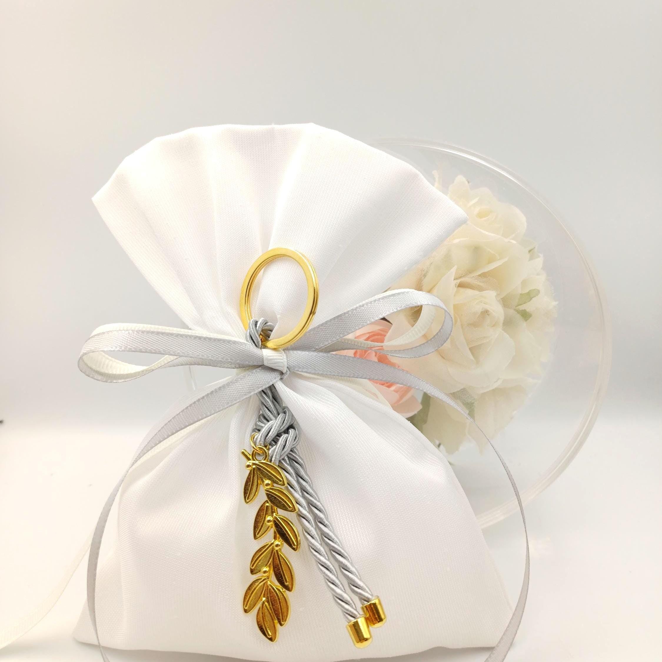 Greek Wedding Favors - Olive branch key chain Bombonieres White bags with grey keychain-Orthodox baptism - Unique Wedding Favor 10 pcs.