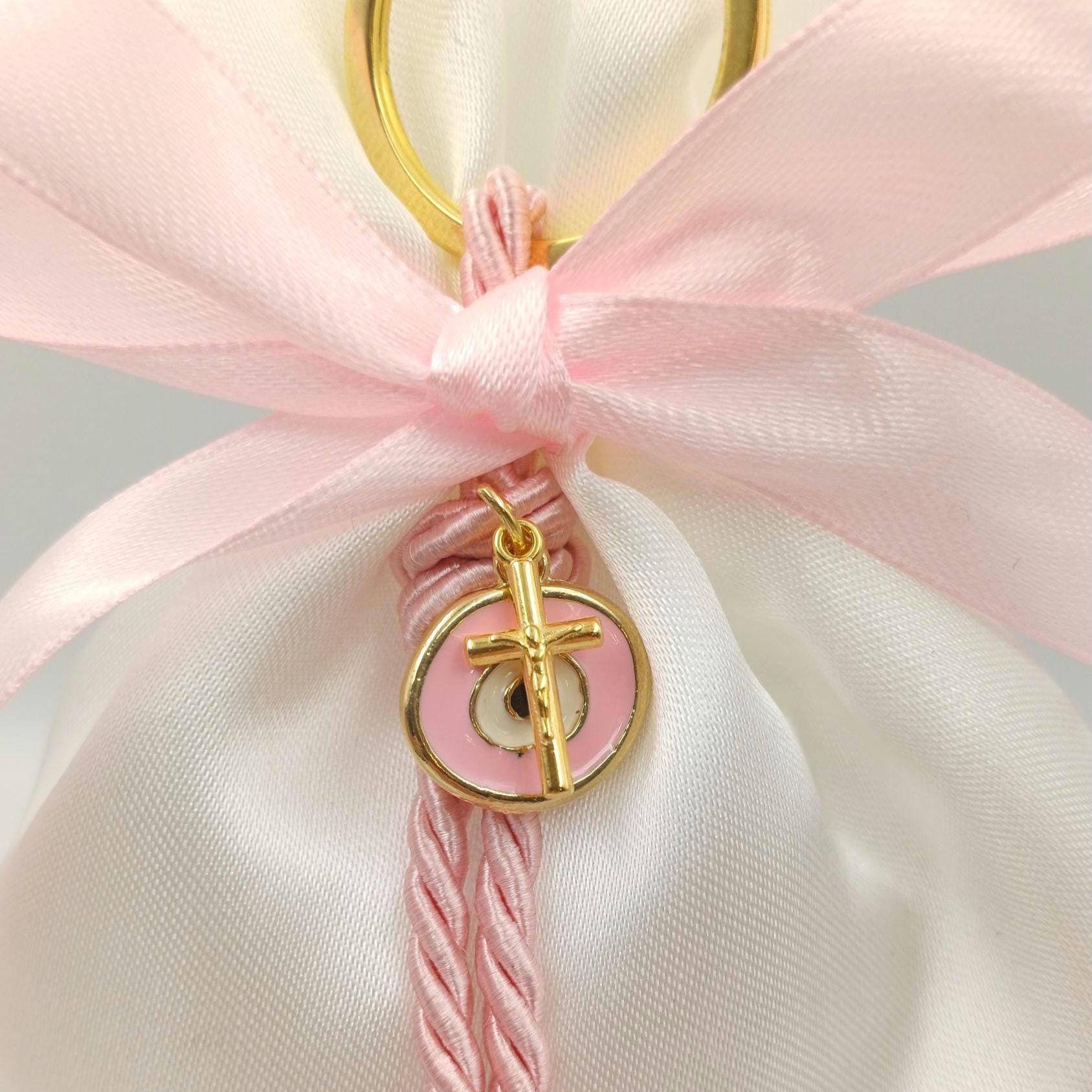 10 pcs, Greek baptism favor bombonieres, Orthodox baptism Evil eye and cross Keychain favors, Girl baptism,Koufeta, Almond candy satin bags.