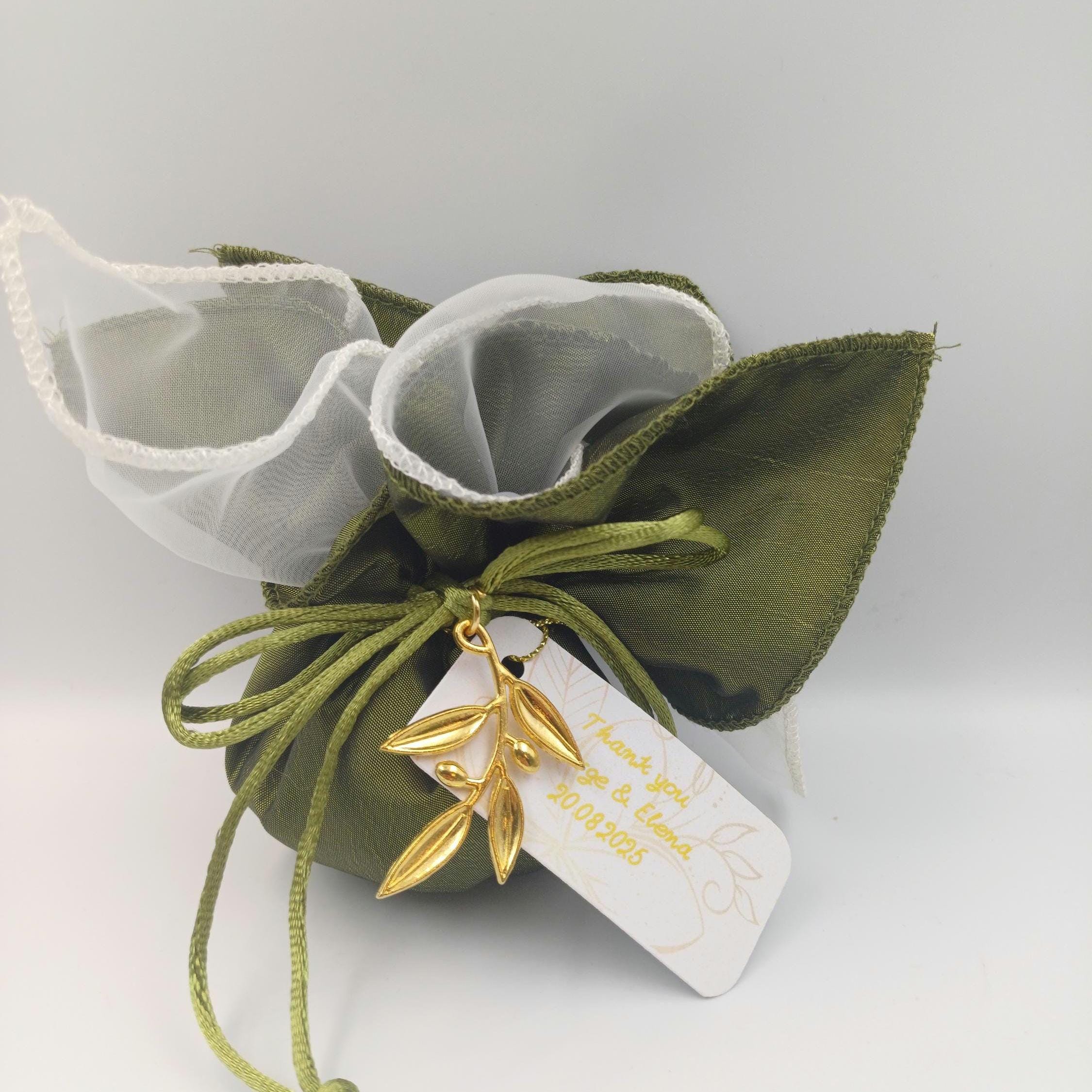 Wedding Favor pouch with Olive Tree Branch , Greek Orthodox Wedding Bombonieres,bribal shower gift, traditional tulle koufeta bags, 10pcs.