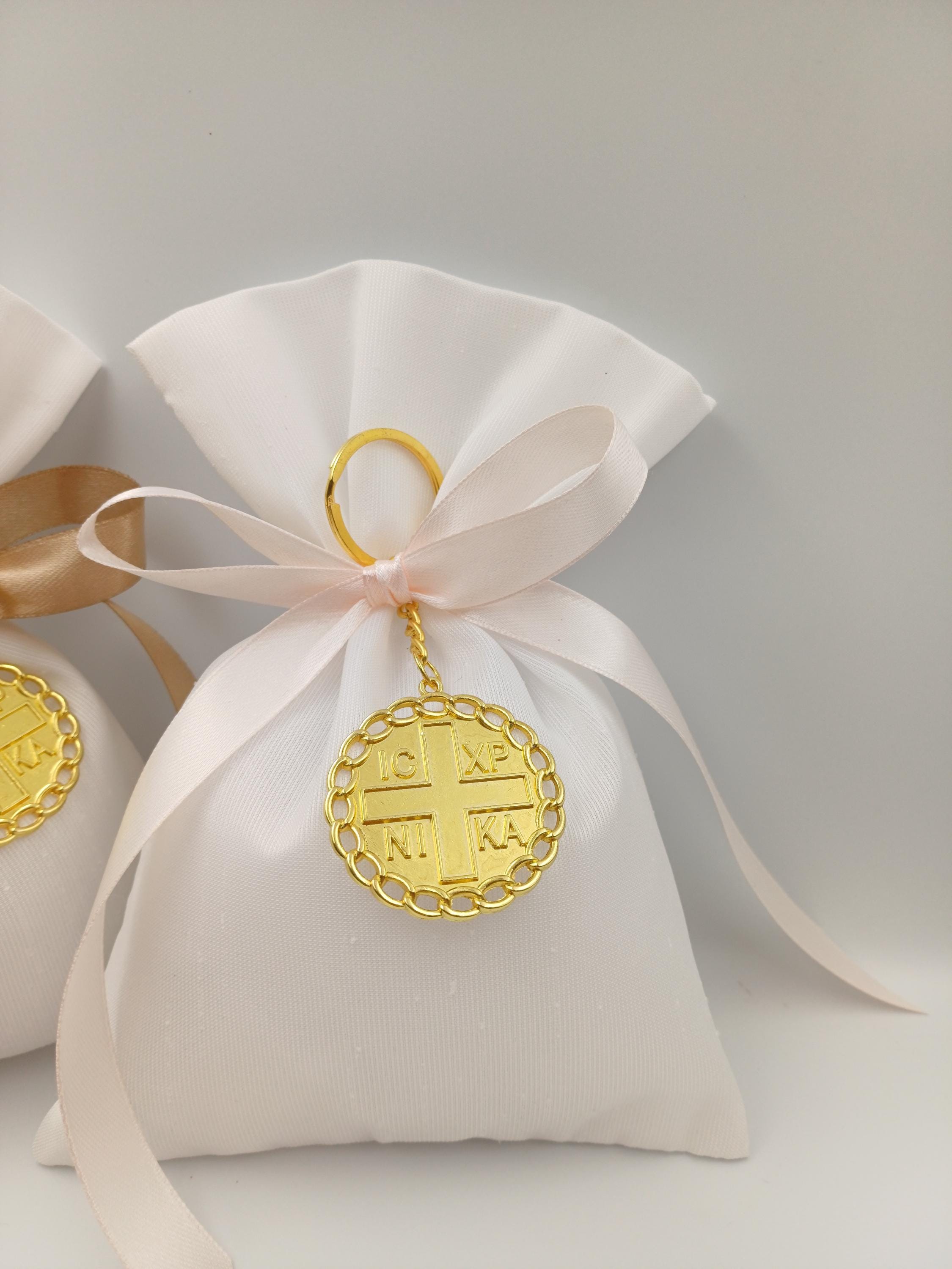 10 pcs, Greek baptism bombonieres, Orthodox Favors - ICXCNIKA Keychain- Christening Gifts for guests -Wedding bags koufeta  jordan almond.