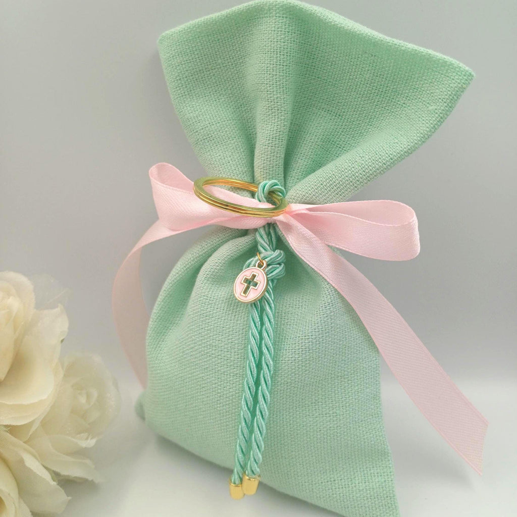 Baptism favors , Greek Orthodox baptism bomboniera almond candy mint green linen bags, Communion italian favors, cross keychain favor 10pcs.