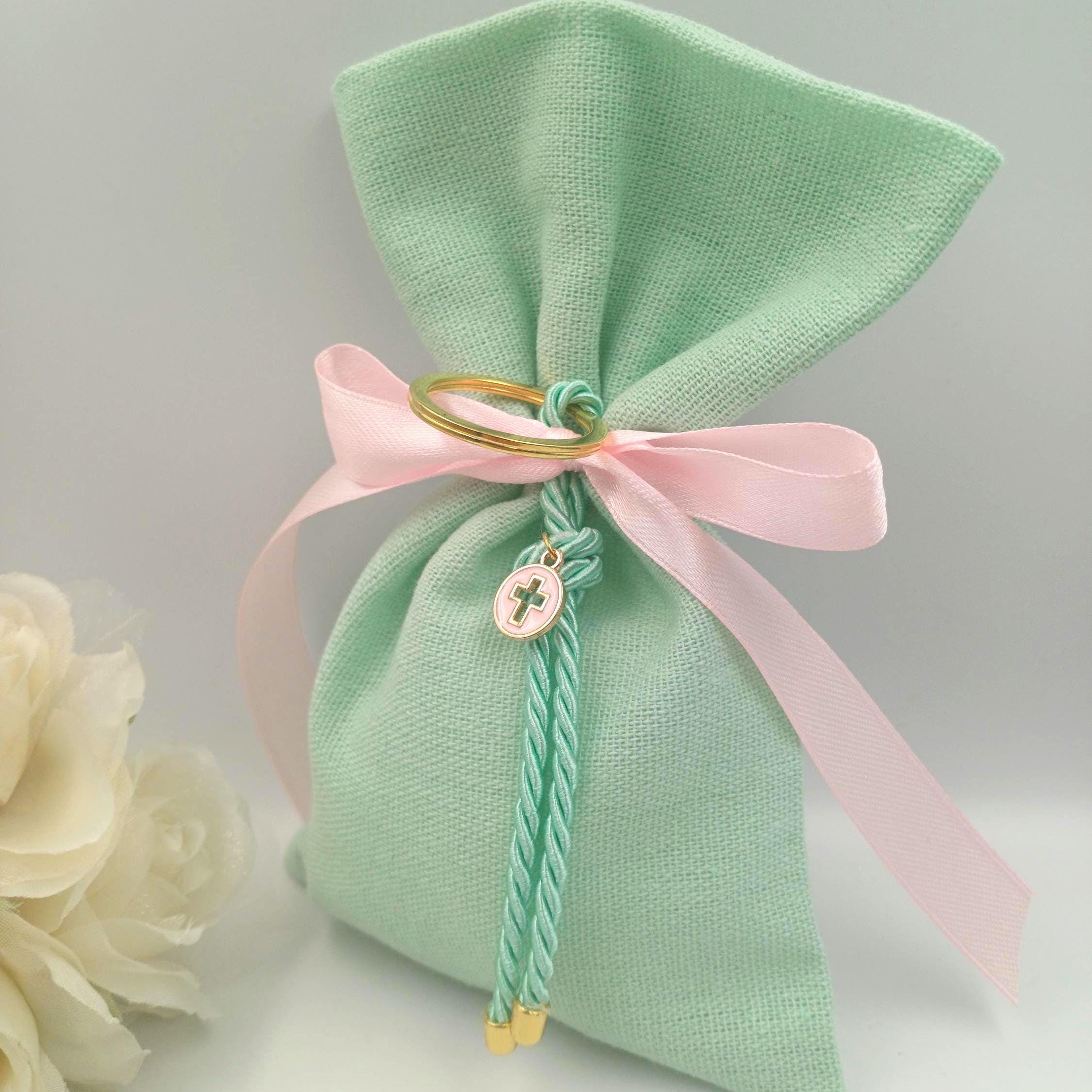 Baptism favors , Greek Orthodox baptism bomboniera almond candy mint green linen bags, Communion italian favors, cross keychain favor 10pcs.