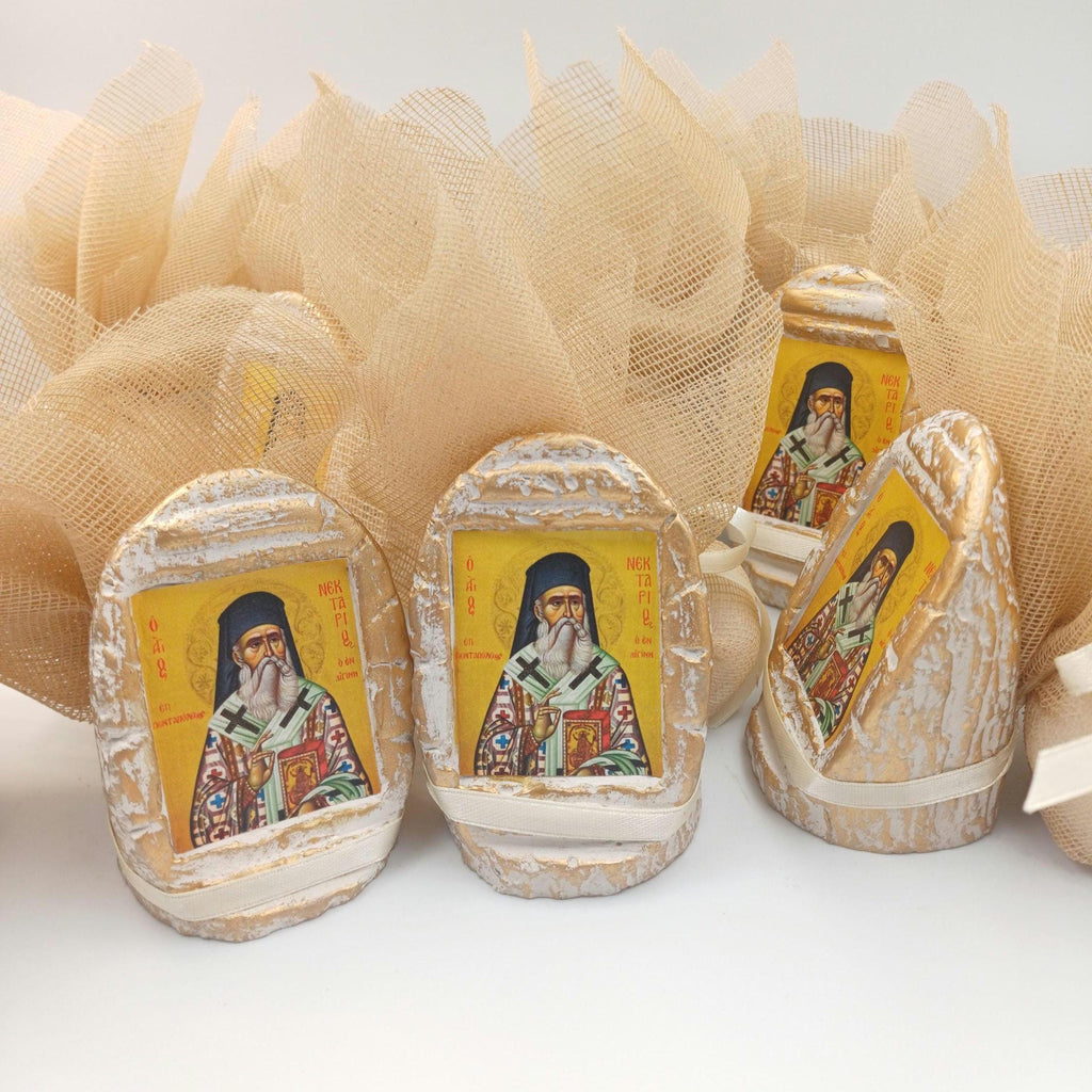 40 pcs, Greek Orthodox  baptism wedding boboniera, Tulle Mpomponiera, Christening ceramic icon favor  Panagia Boubouniera, Koufeta
