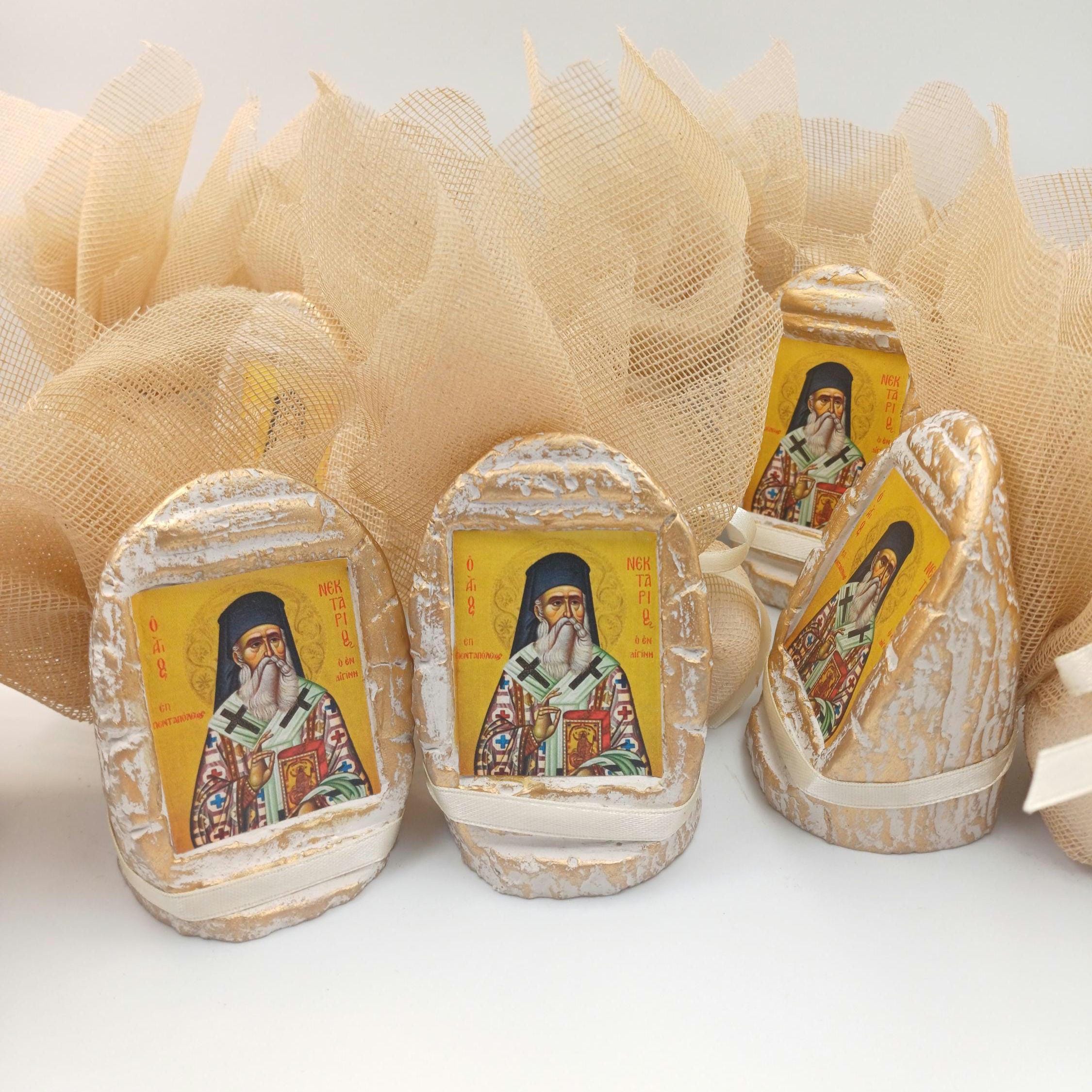 40 pcs, Greek Orthodox  baptism wedding boboniera, Tulle Mpomponiera, Christening ceramic icon favor  Panagia Boubouniera, Koufeta