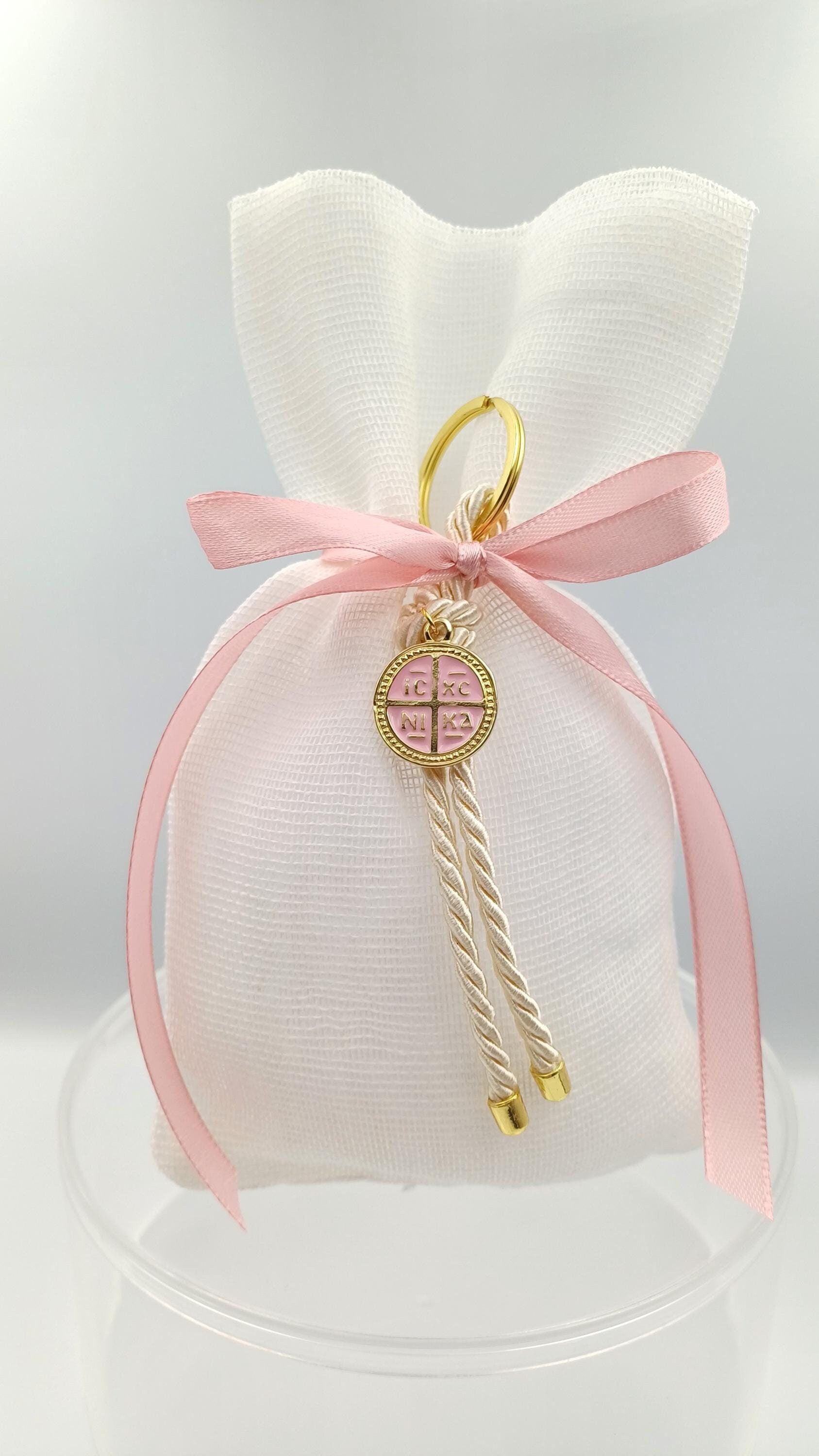 10 pcs, Greek baptism boubounieres, Constantinato Martyrika, Girl baptism, Koufeta ,Orthodox pink Mpomponieres,Koufeta Almond candy pouches.