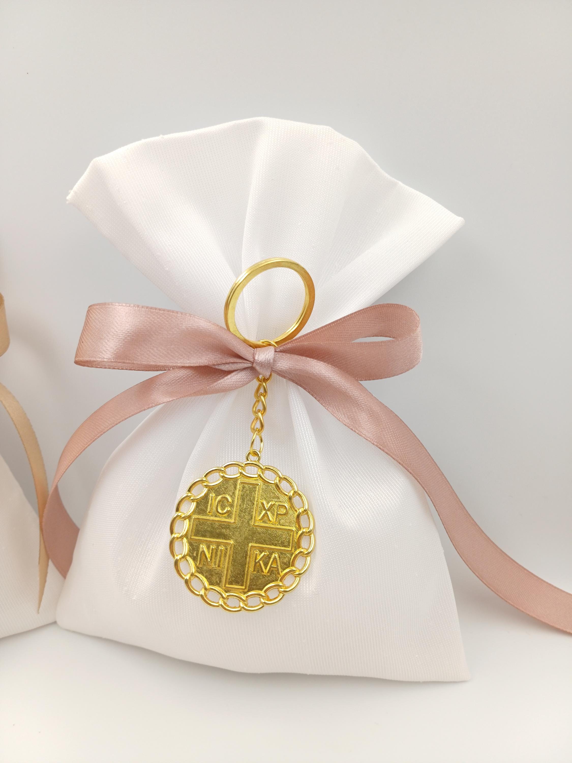 10 pcs, Greek baptism bombonieres, Orthodox Favors - ICXCNIKA Keychain- Christening Gifts for guests -Wedding bags koufeta  jordan almond.