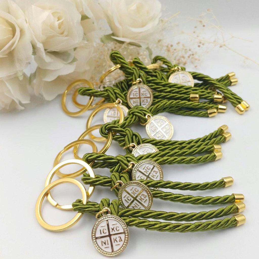 10 pcs, Olive favors Key chain cross baptism favors, Greek wedding witness gifts, Orthodox baptism olive green Martyrika konstantinato cross