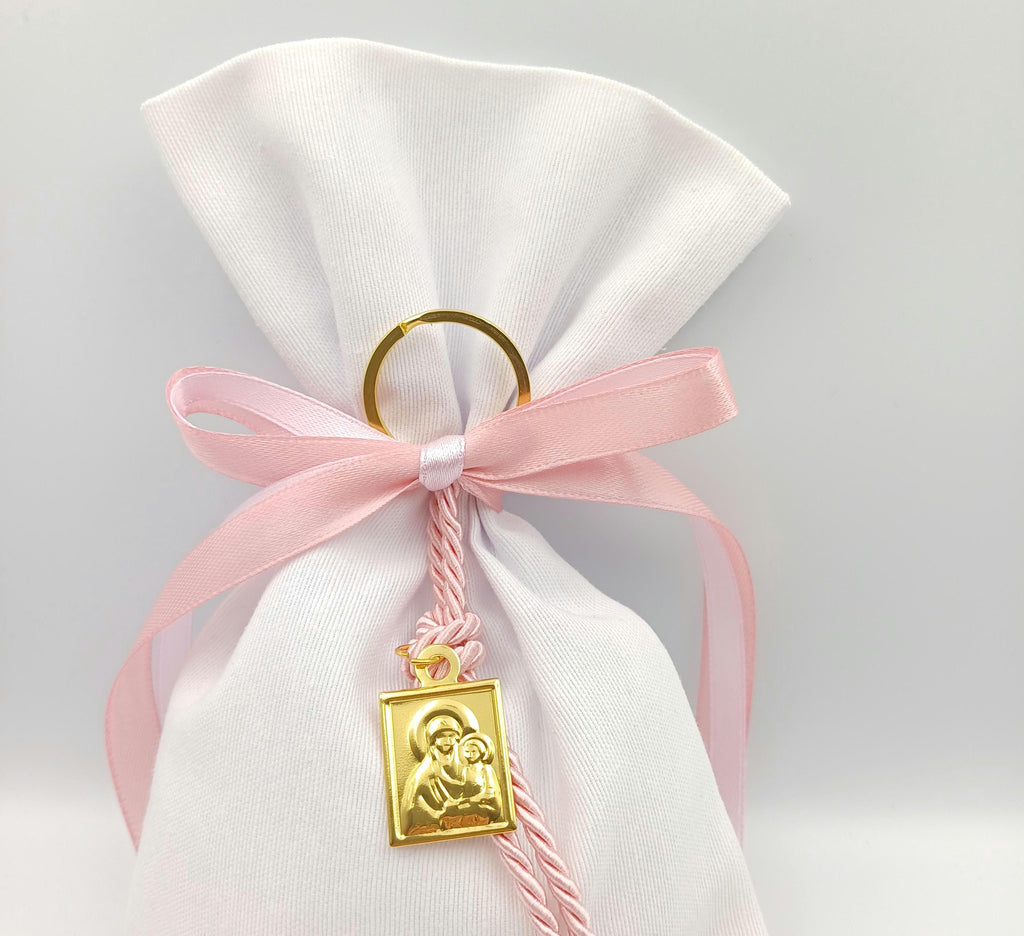 10 pcs, Greek  Orthodox baptism bobonieres, Mary and Jesus icon favors, Girl baptism, Koufeta , Panagia icon,Pink Key chain icon Panagitsa.