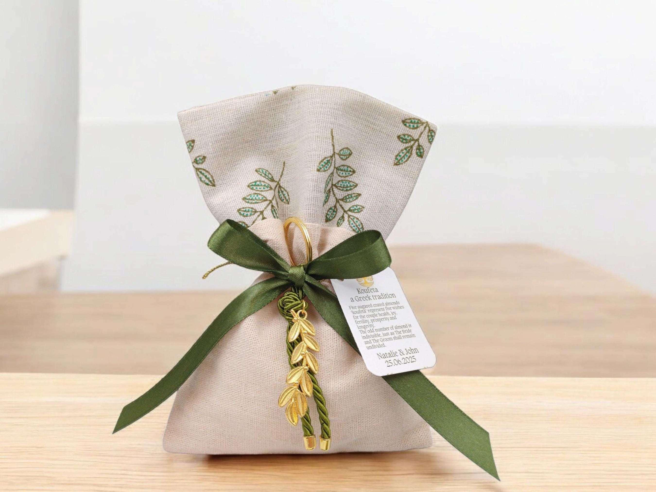 10 pcs - Greek Orthodox Boubounieres - Christening Favors - Personalized Wedding Bombonieres -Olive Branch favors almond- Orthodox baptism .
