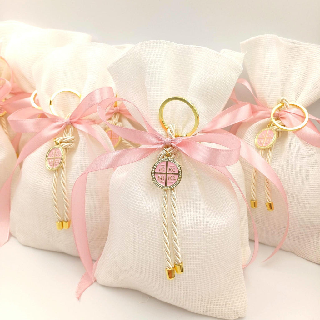 10 pcs, Greek baptism boubounieres, Constantinato Martyrika, Girl baptism, Koufeta ,Orthodox pink Mpomponieres,Koufeta Almond candy pouches.