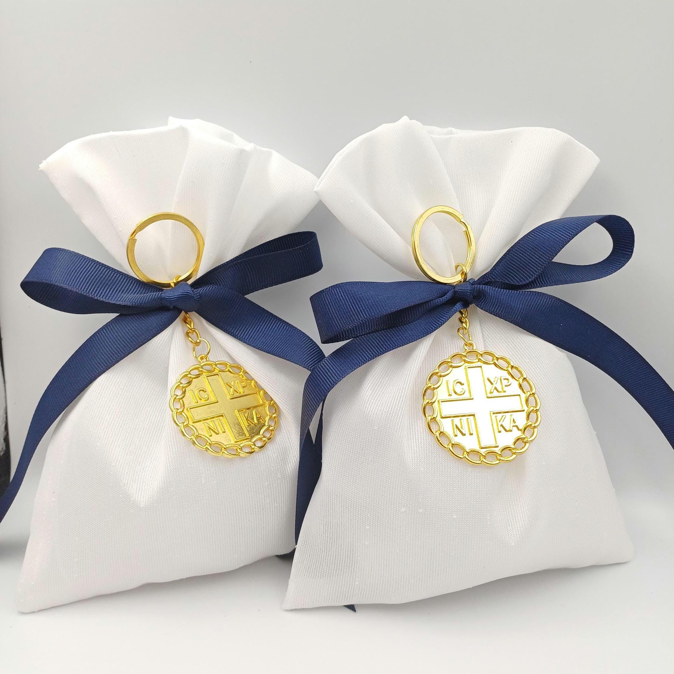 10 pcs, Greek baptism bombonieres, Orthodox Favors - ICXCNIKA Keychain- Christening Gifts for guests -Boy baptism bag koufeta  jordan almond