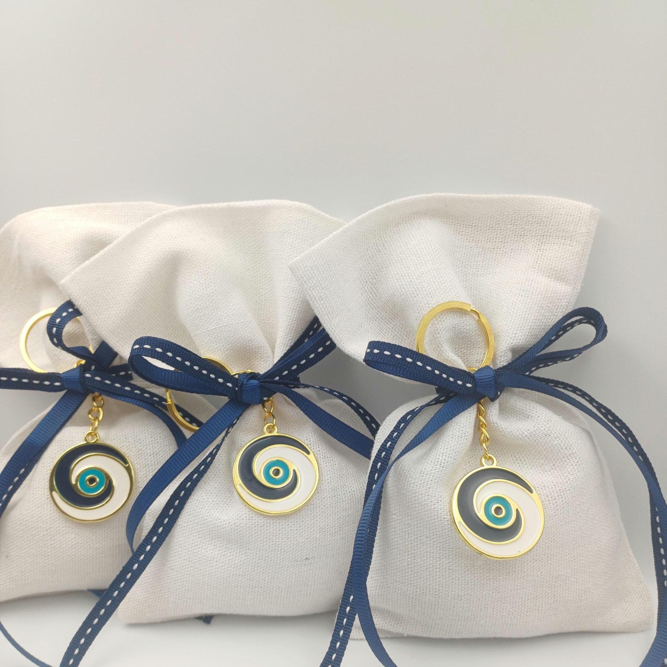 10 pcs, Greek baptism bombonieres, Orthodox Favors - Evil Eye Martyrika Keychain- Linen gift bags -Mibautizo -boy baptismal communion favors