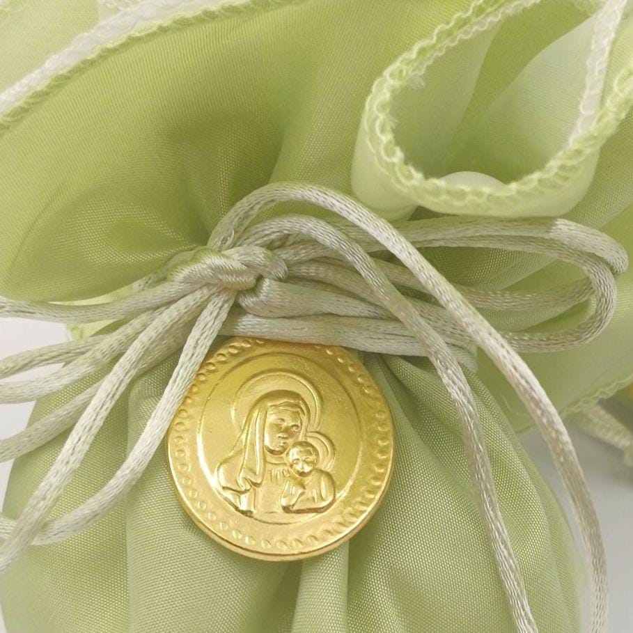 Baptism icon Favor mint green taffeta bag, Greek Orthodox Panagia and Christos Bombonieres,, traditional koufeta bags, Communion favor 10pcs