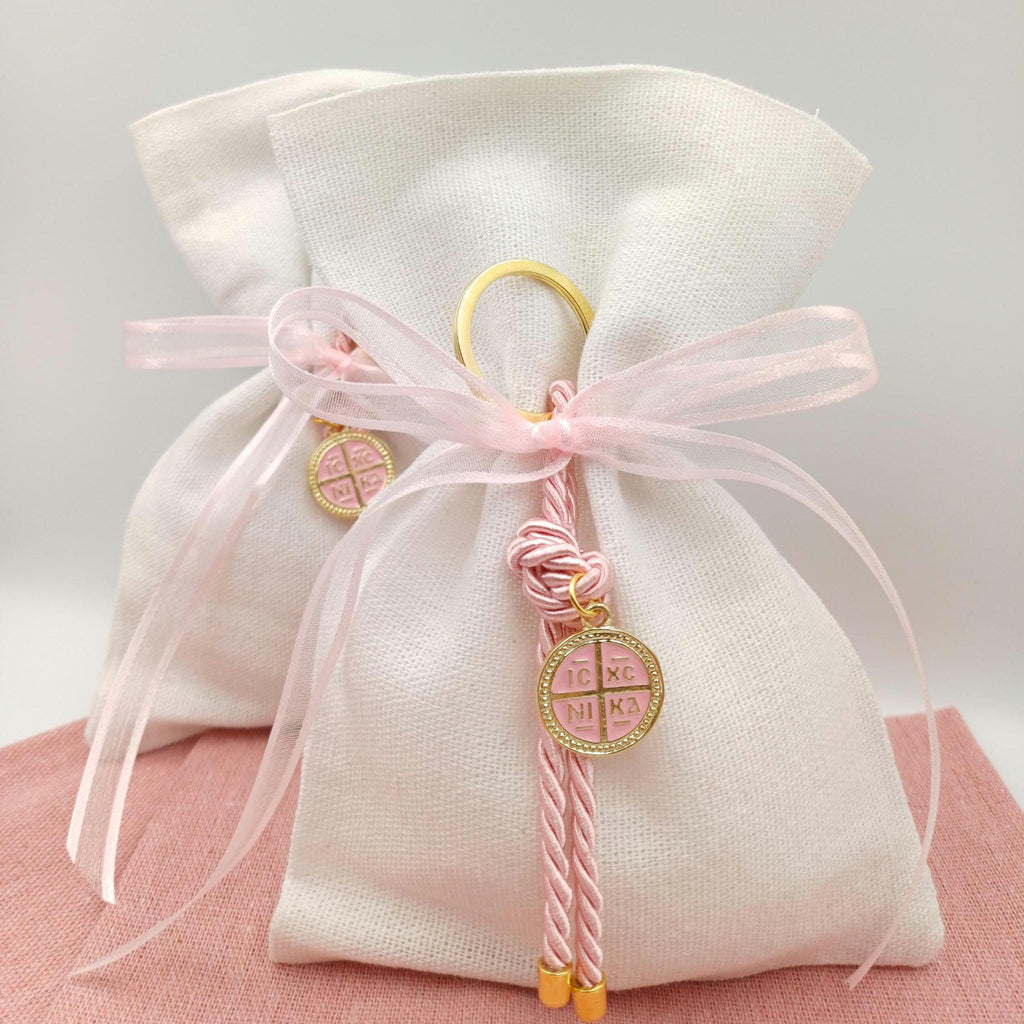 10 pcs, Orthodox baptism boubounieres koufeta, Martyrika cross keychain girl,Greek Orthodox  baptism favors ,Linen bags jordan Almond candy.
