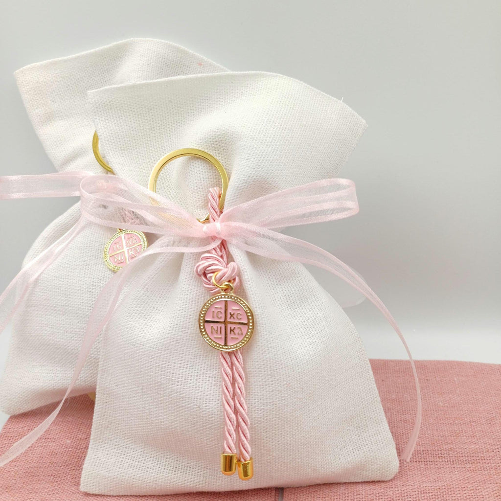 10 pcs, Orthodox baptism boubounieres koufeta, Martyrika cross keychain girl,Greek Orthodox  baptism favors ,Linen bags jordan Almond candy.