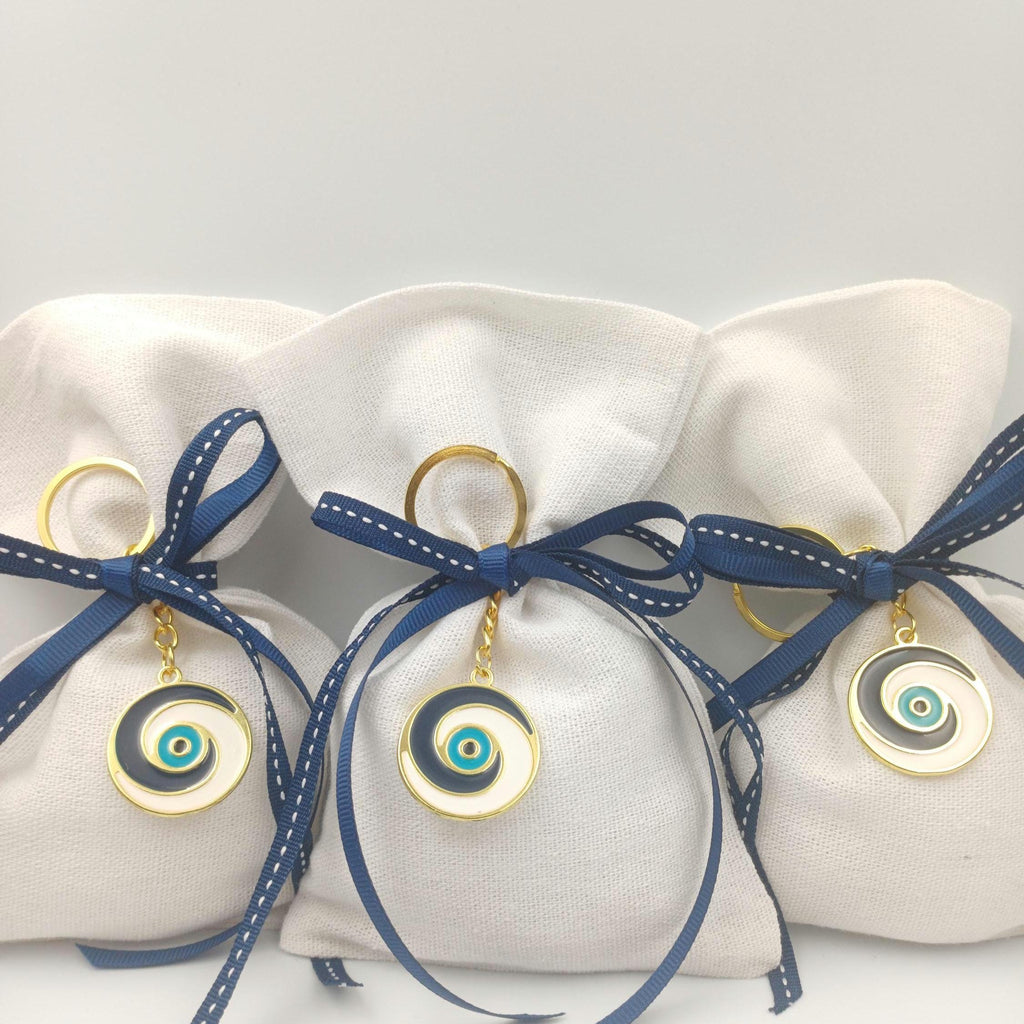 10 pcs, Greek baptism bombonieres, Orthodox Favors - Evil Eye Martyrika Keychain- Linen gift bags -Mibautizo -boy baptismal communion favors