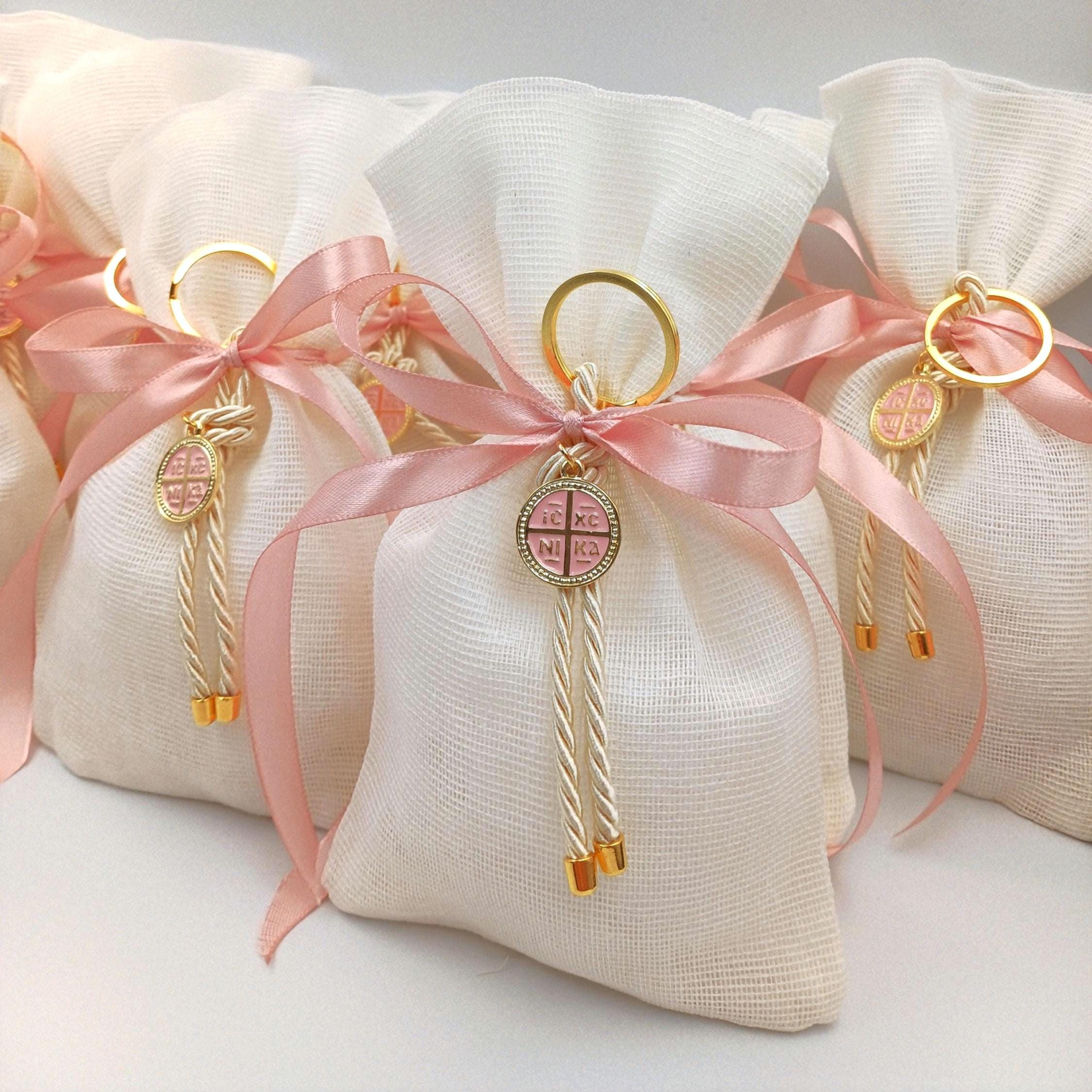 10 pcs, Greek baptism boubounieres, Constantinato Martyrika, Girl baptism, Koufeta ,Orthodox pink Mpomponieres,Koufeta Almond candy pouches.
