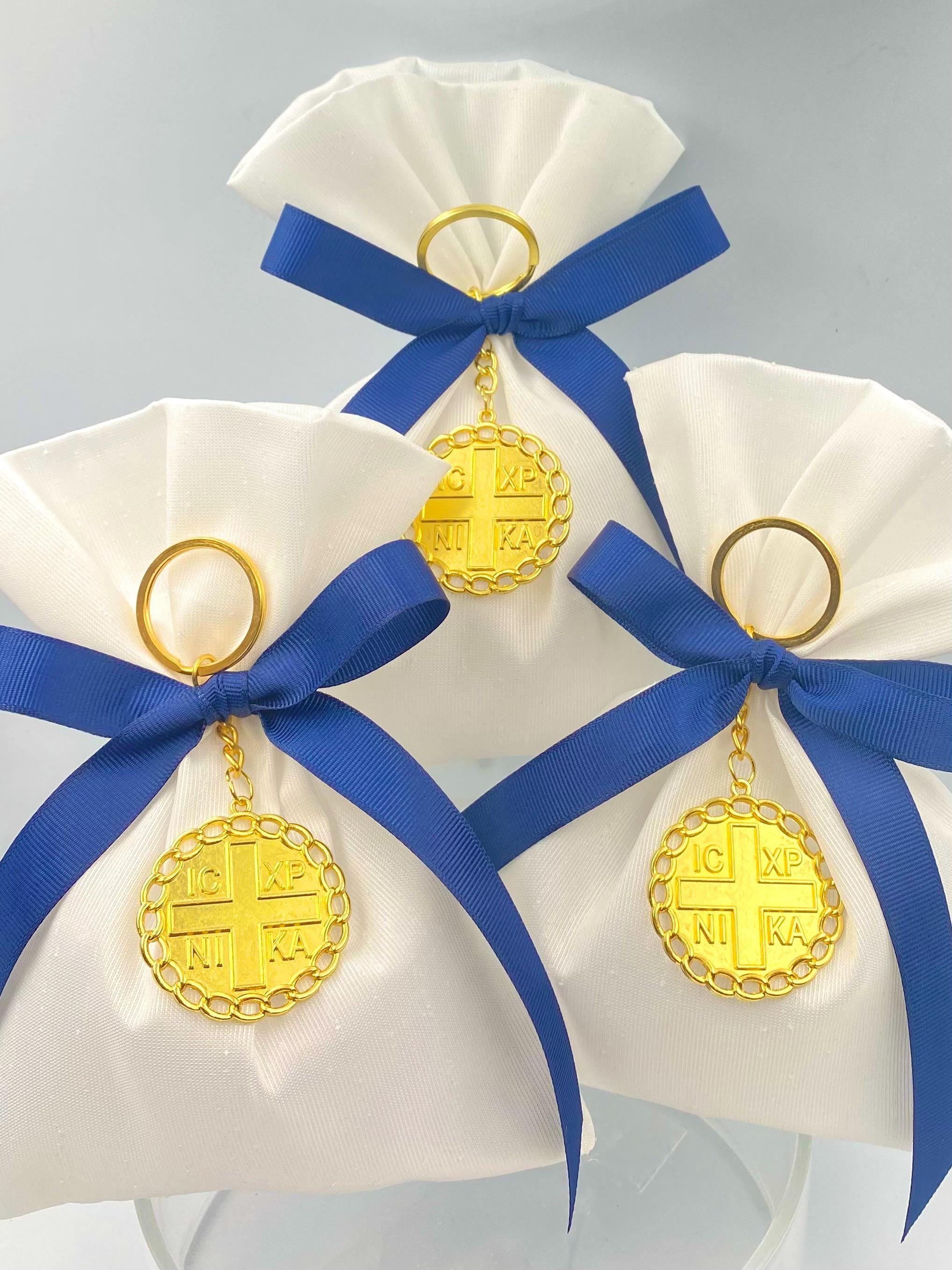 10 pcs, Greek baptism bombonieres, Orthodox Favors - ICXCNIKA Keychain- Christening Gifts for guests -Boy baptism bag koufeta  jordan almond