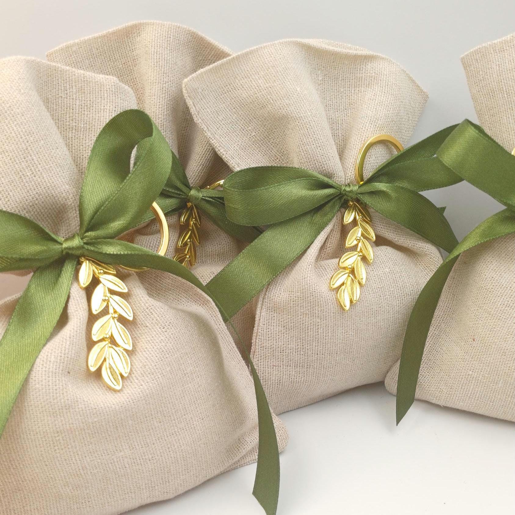 10 pcs Personalized Greek Wedding Favors – Olive Branch Bombonieres with Koufeta – Linen Pouches