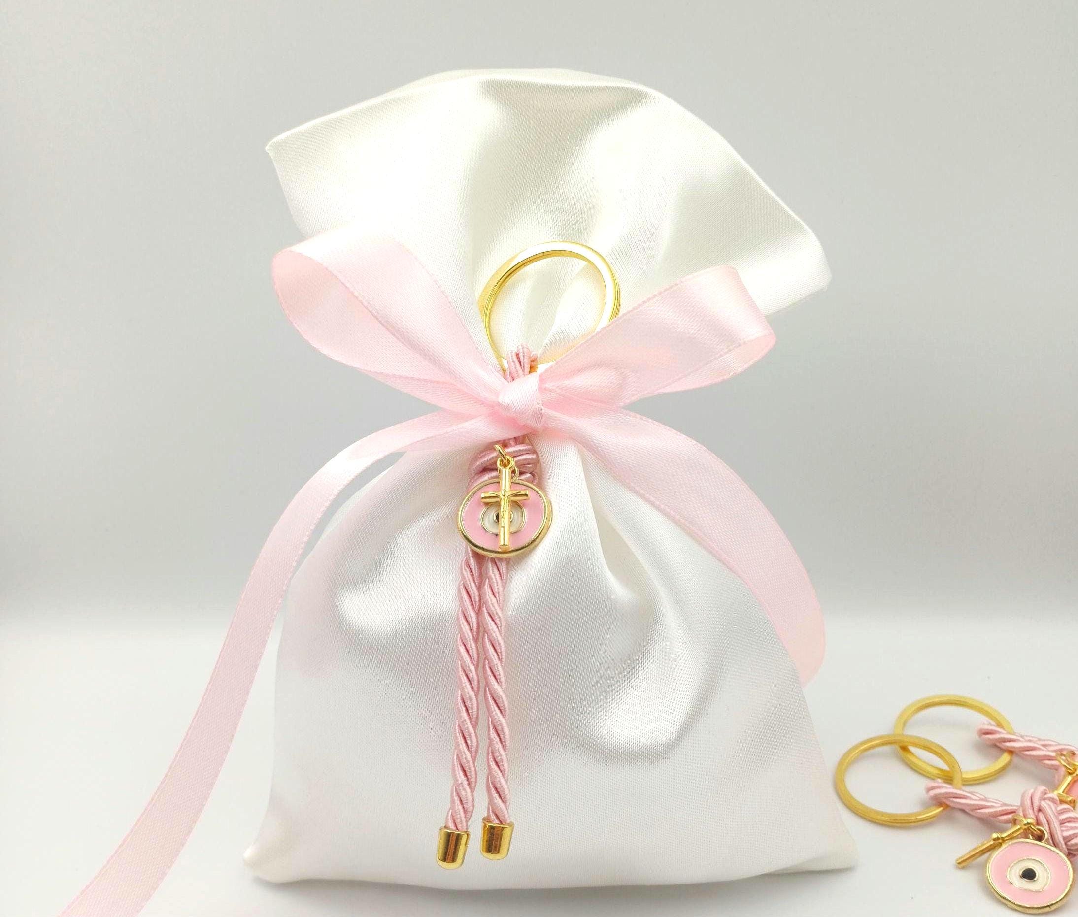 10 pcs, Greek baptism favor bombonieres, Orthodox baptism Evil eye and cross Keychain favors, Girl baptism,Koufeta, Almond candy satin bags.