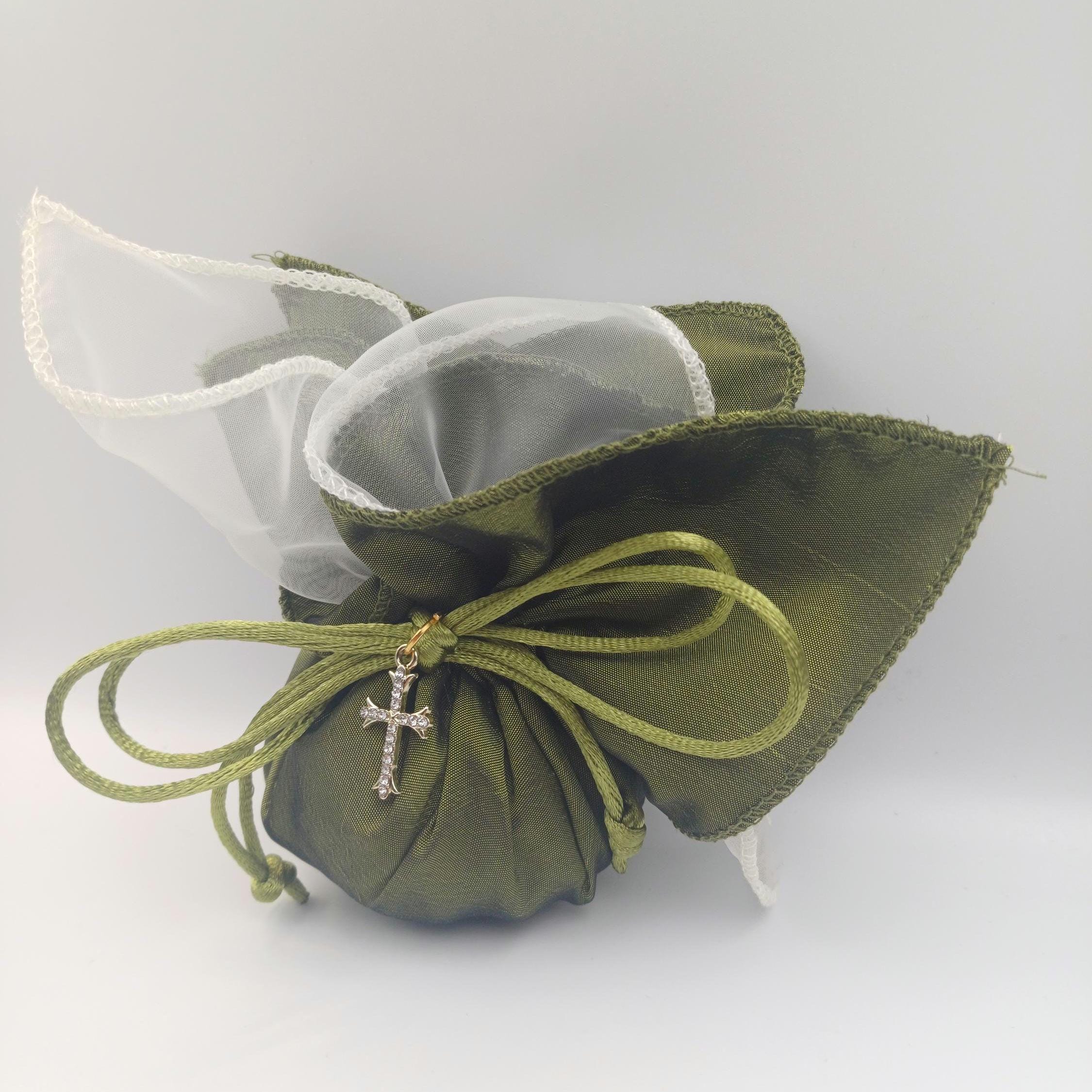 Baptism cross Favor olive green taffeta pouch, Greek Orthodox Wedding Bombonieres,bribal shower gift, traditional tulle koufeta bags, 10pcs.