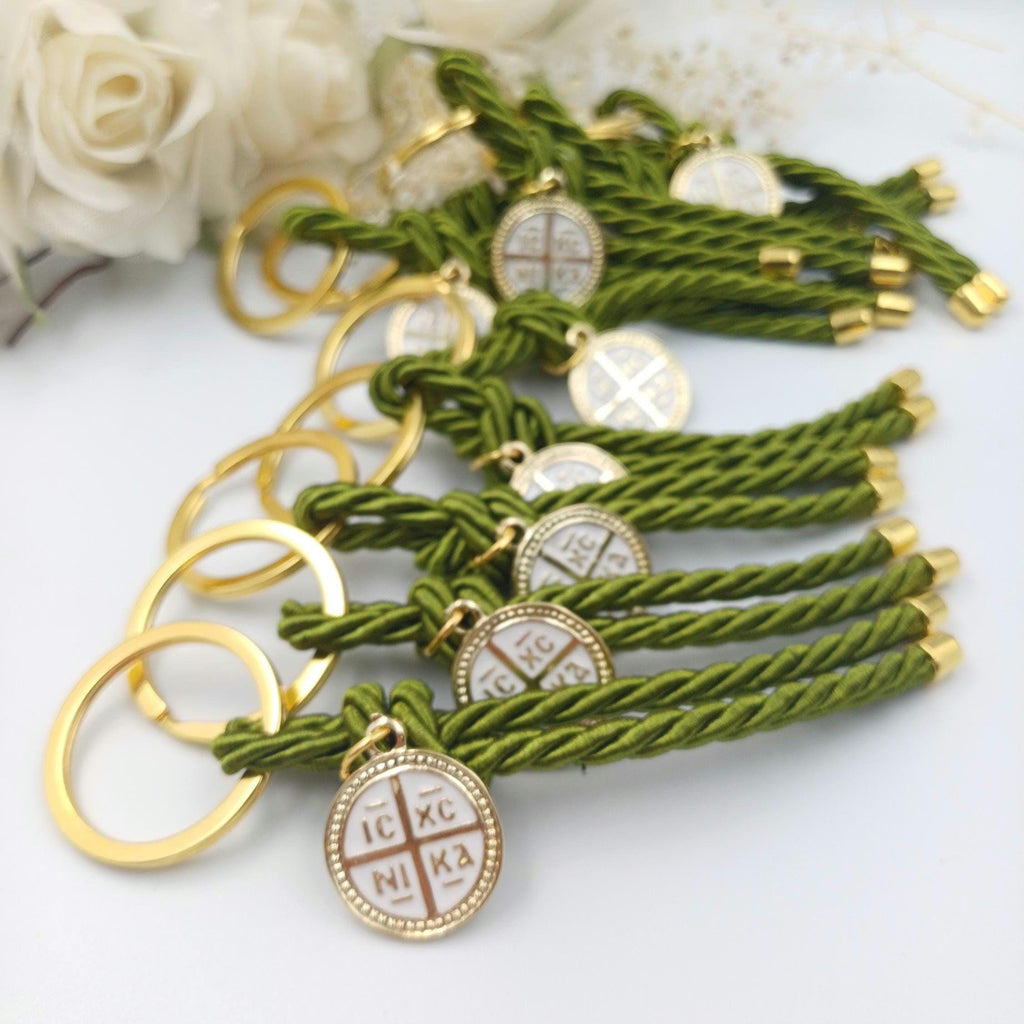 10 pcs, Olive favors Key chain cross baptism favors, Greek wedding witness gifts, Orthodox baptism olive green Martyrika konstantinato cross