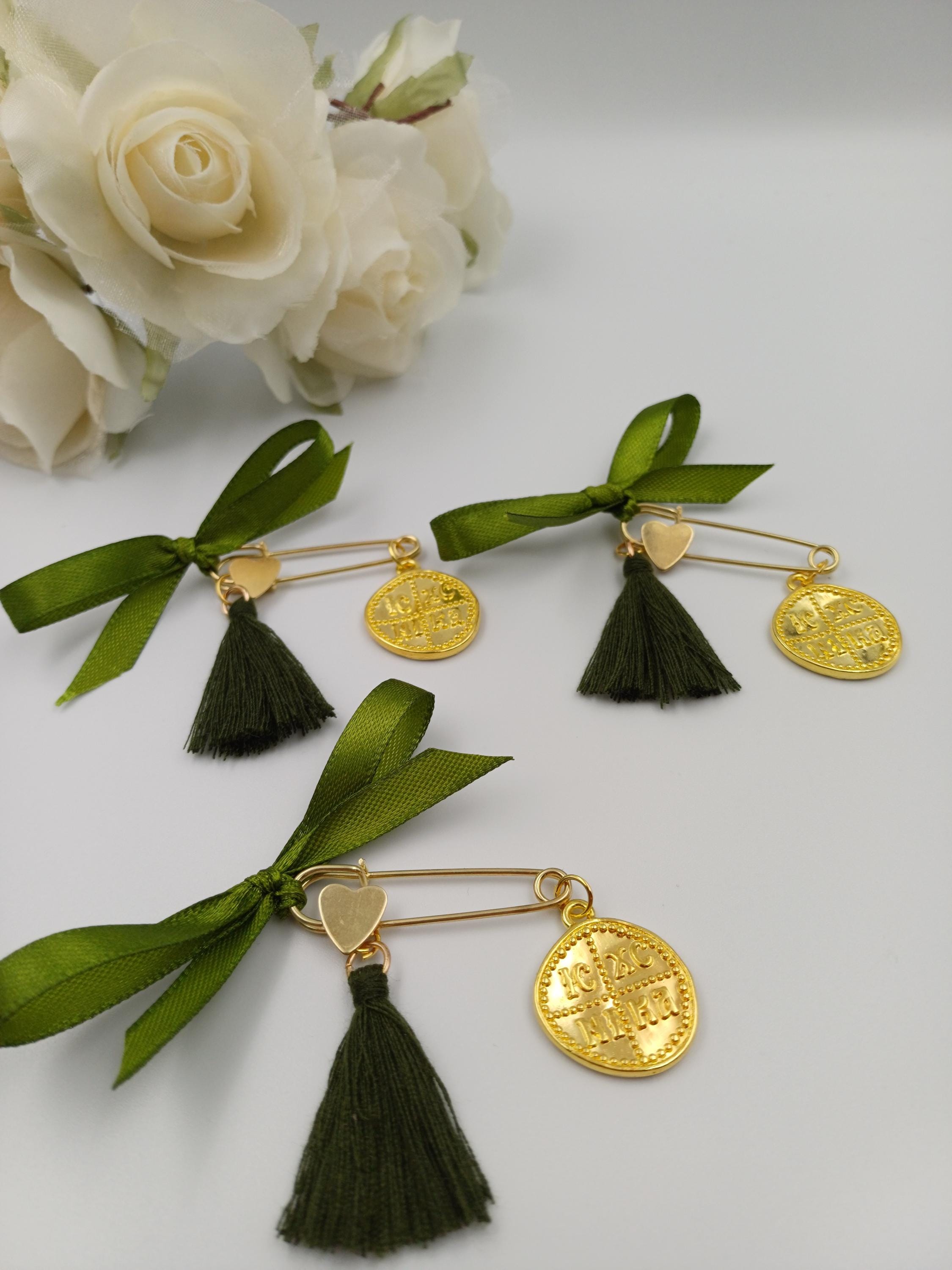 10 pcs,Cross favors baptism Safety pins Greek Baptism olive green favors Martirika Pins sage green Orthodox witness gifts boy- girl